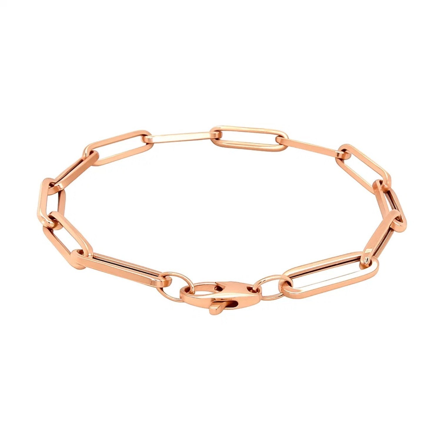 14k rose gold extra wide paperclip chain bracelet, modern design with elegant round links, perfect for luxury styling.