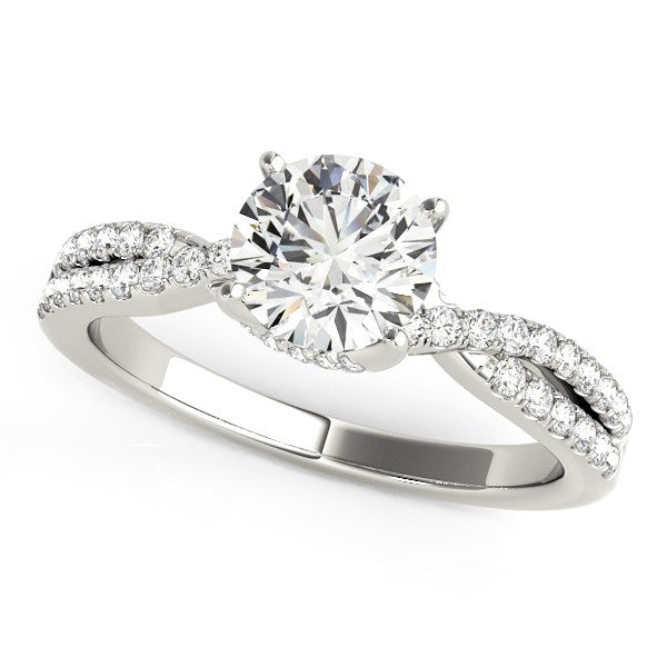 14k white gold fancy prong split shank engagement ring featuring a stunning round diamond, elegant and timeless design.