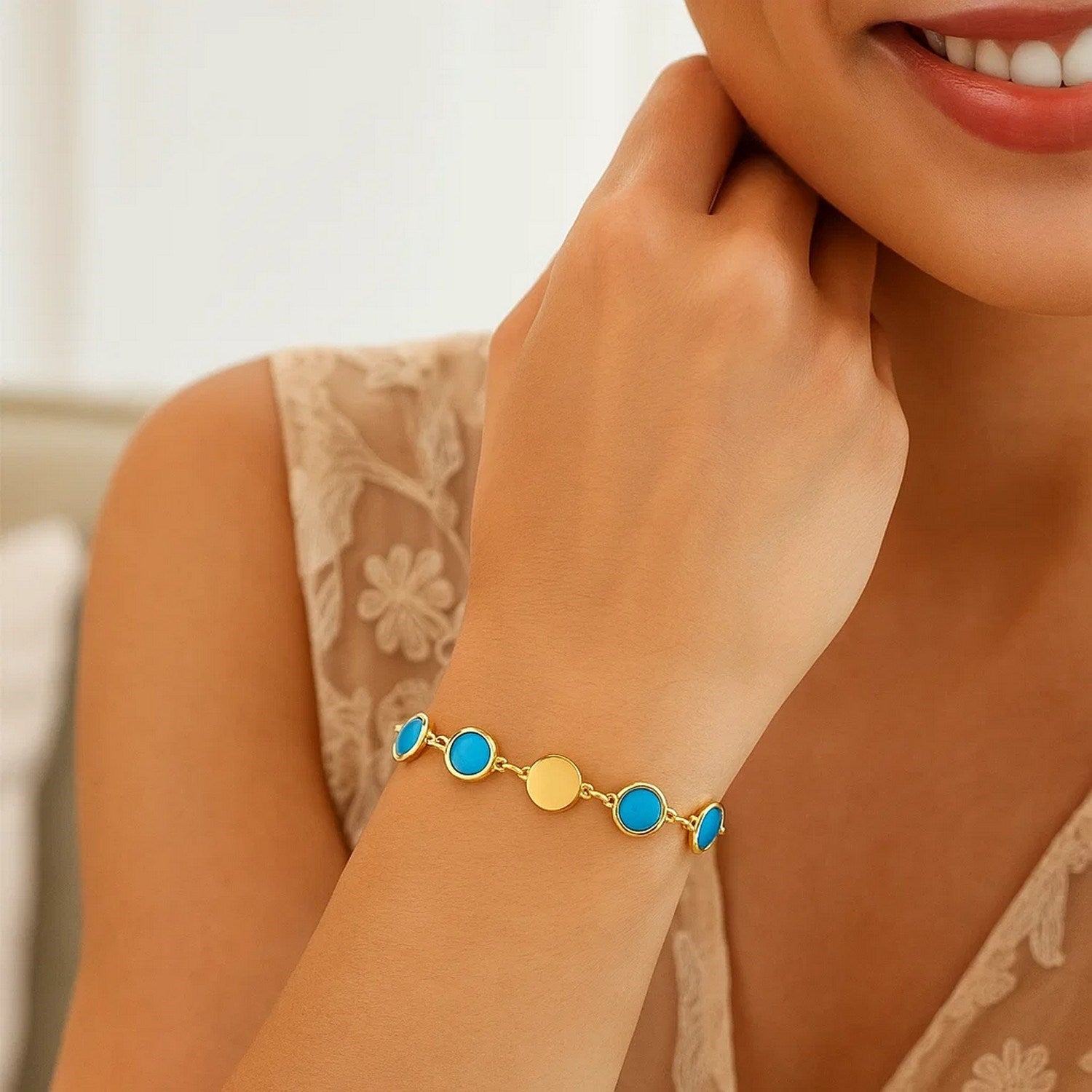 Turquoise composite gem bracelet in elegant 14k yellow gold, featuring alternating vibrant stones for a luxurious touch.