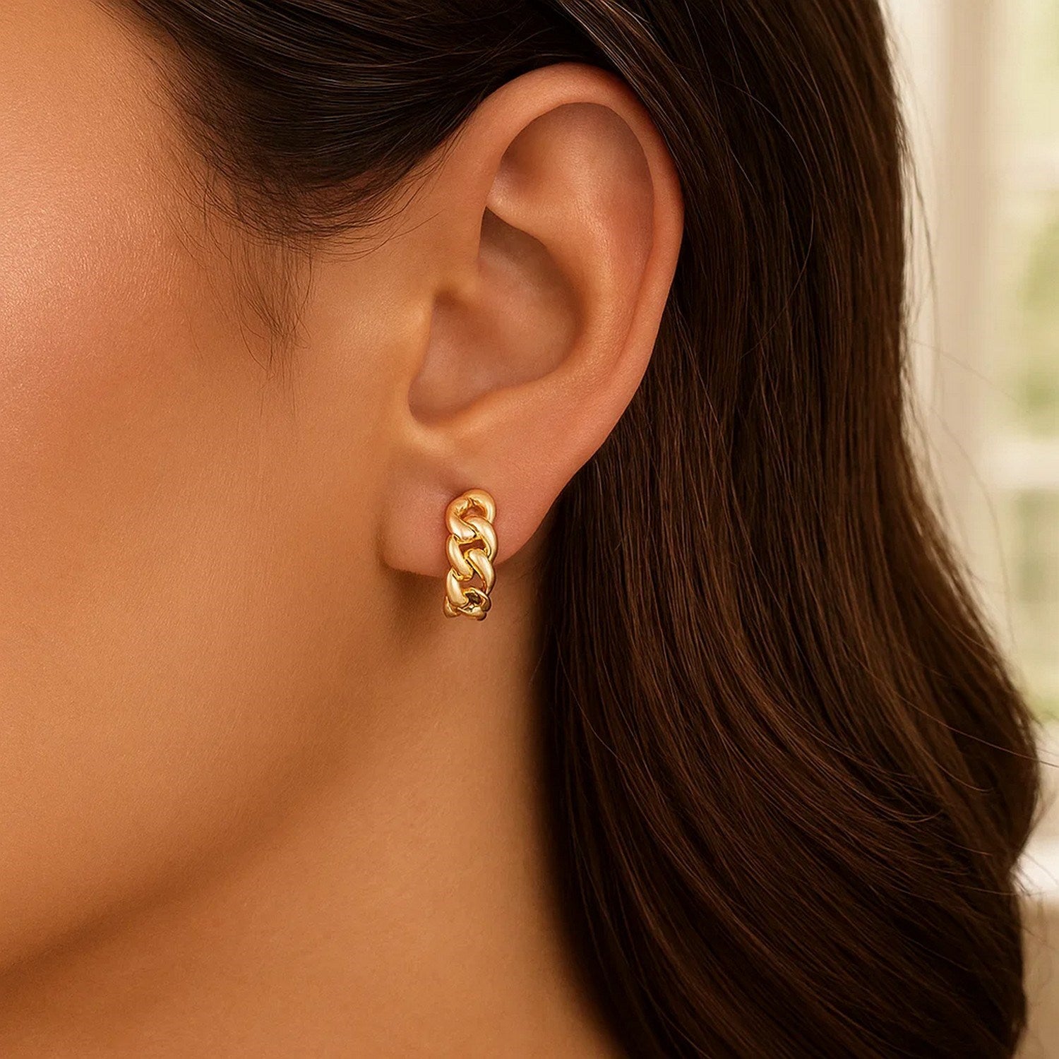 14k yellow gold thick curb chain huggie hoop earrings, modern design, luxurious shine, perfect for elegant occasions.