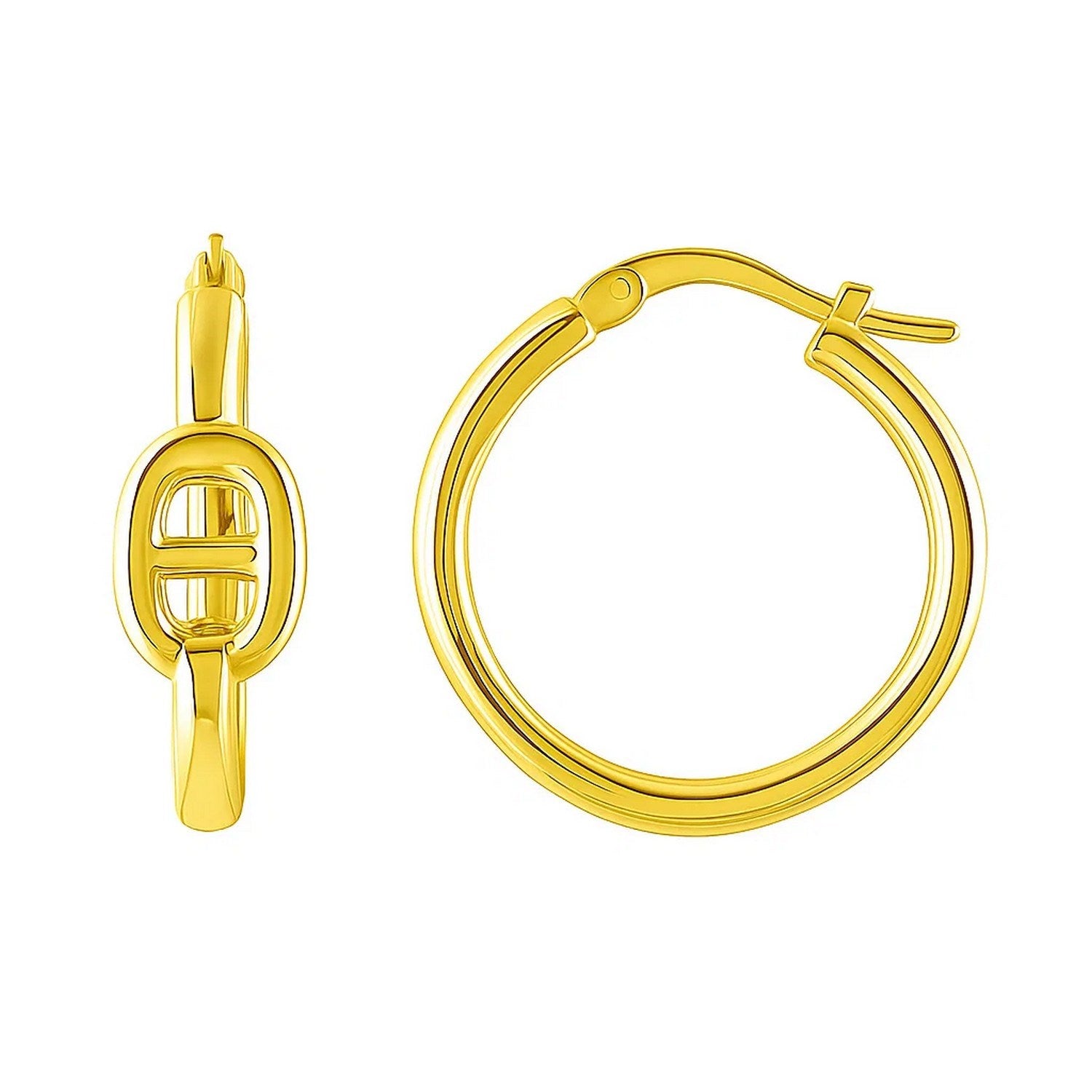 14k yellow gold polished hoop earrings with a sleek modern design, perfect for elegant everyday wear.