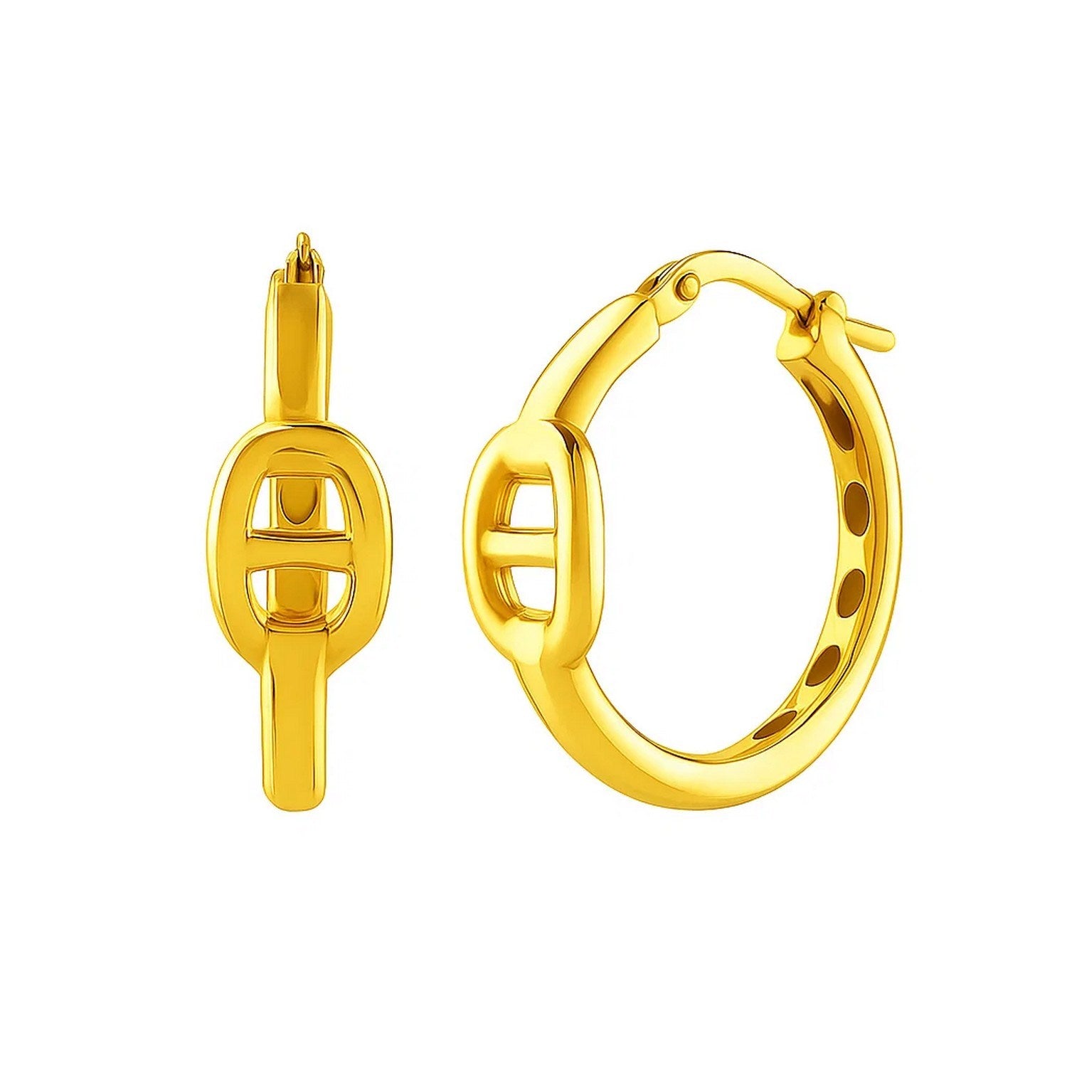 14k yellow gold polished hoop earrings with a sleek modern design, perfect for elegant everyday wear.