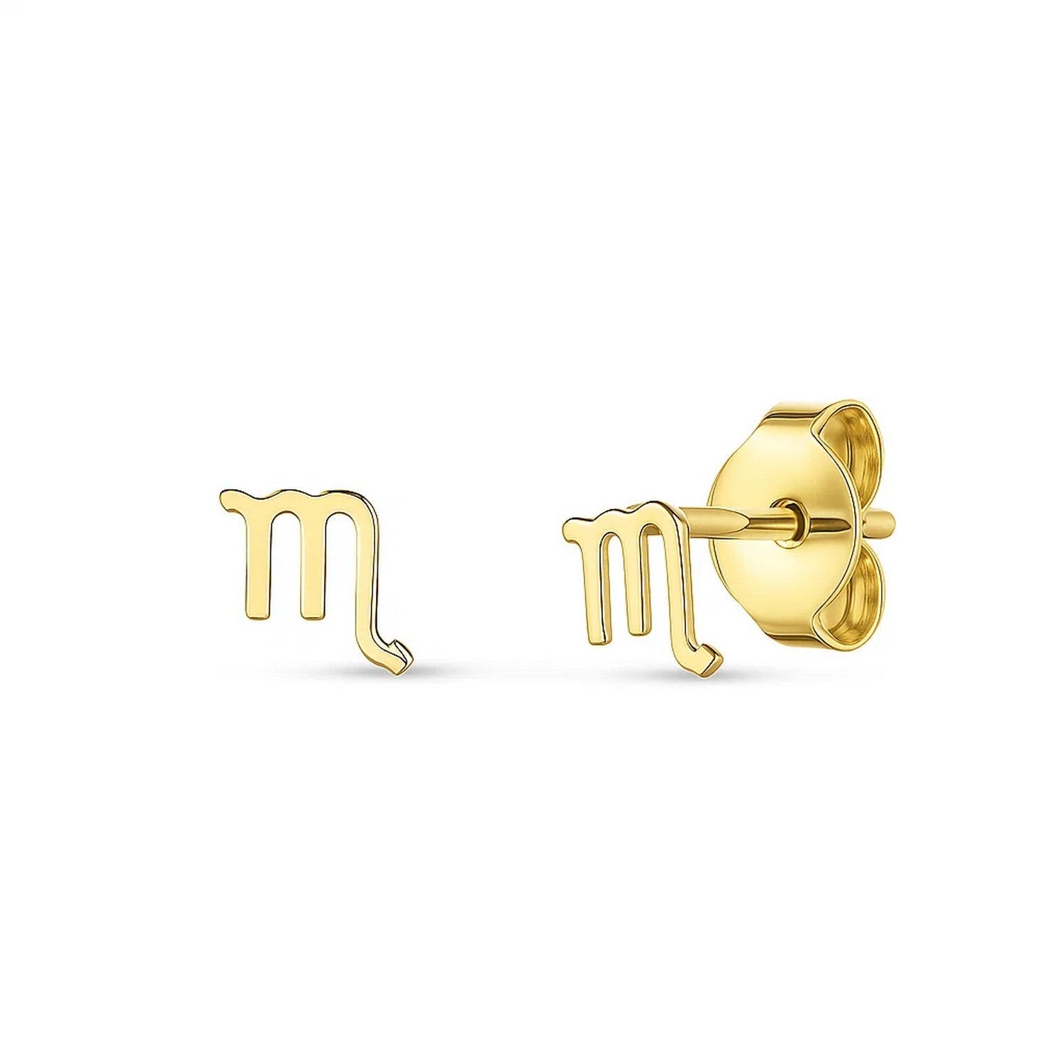 14k yellow gold Scorpio stud earrings featuring a contemporary design, perfect for adding elegance to any outfit.