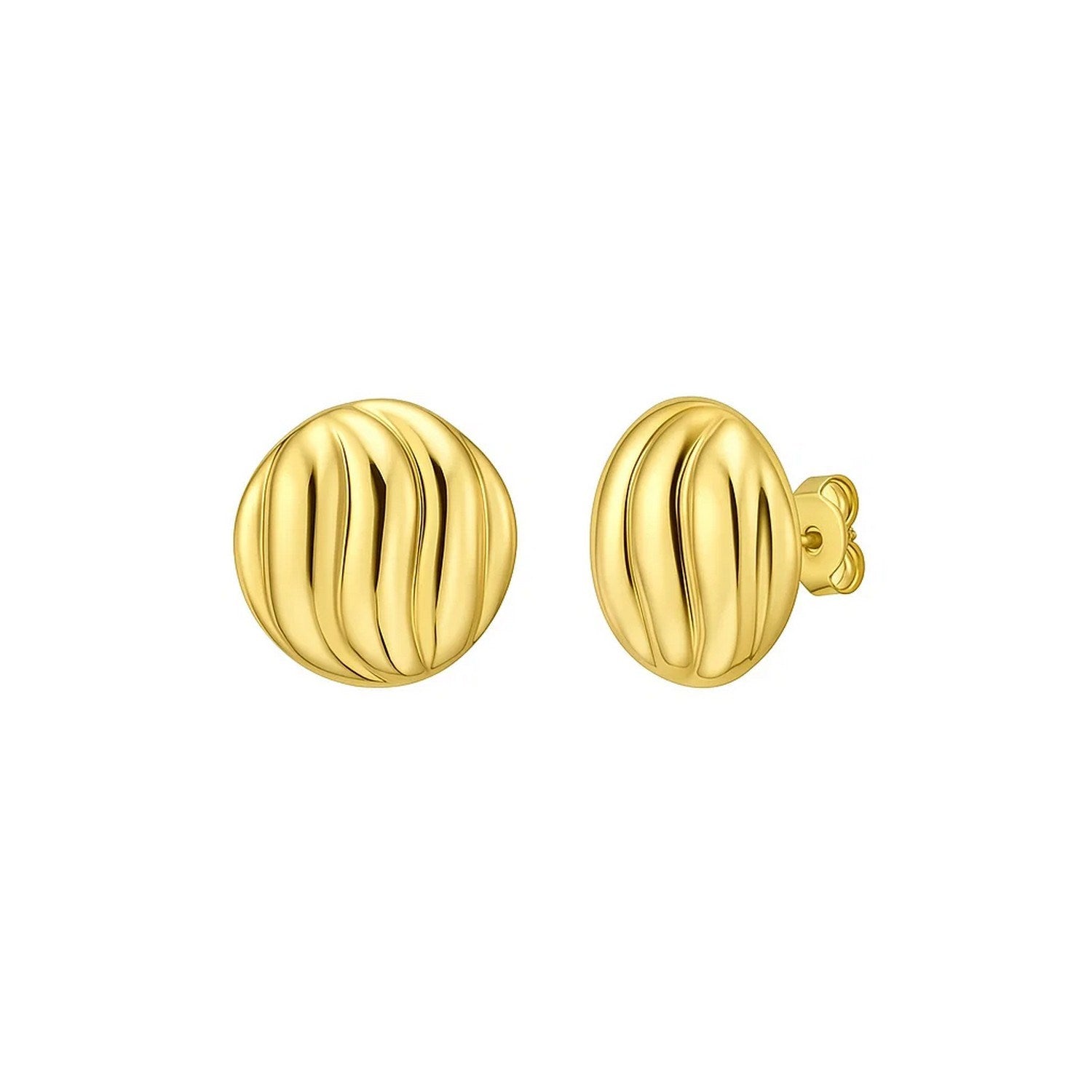 14k yellow gold modern swirl button stud earrings, showcasing elegant design and luxurious craftsmanship.