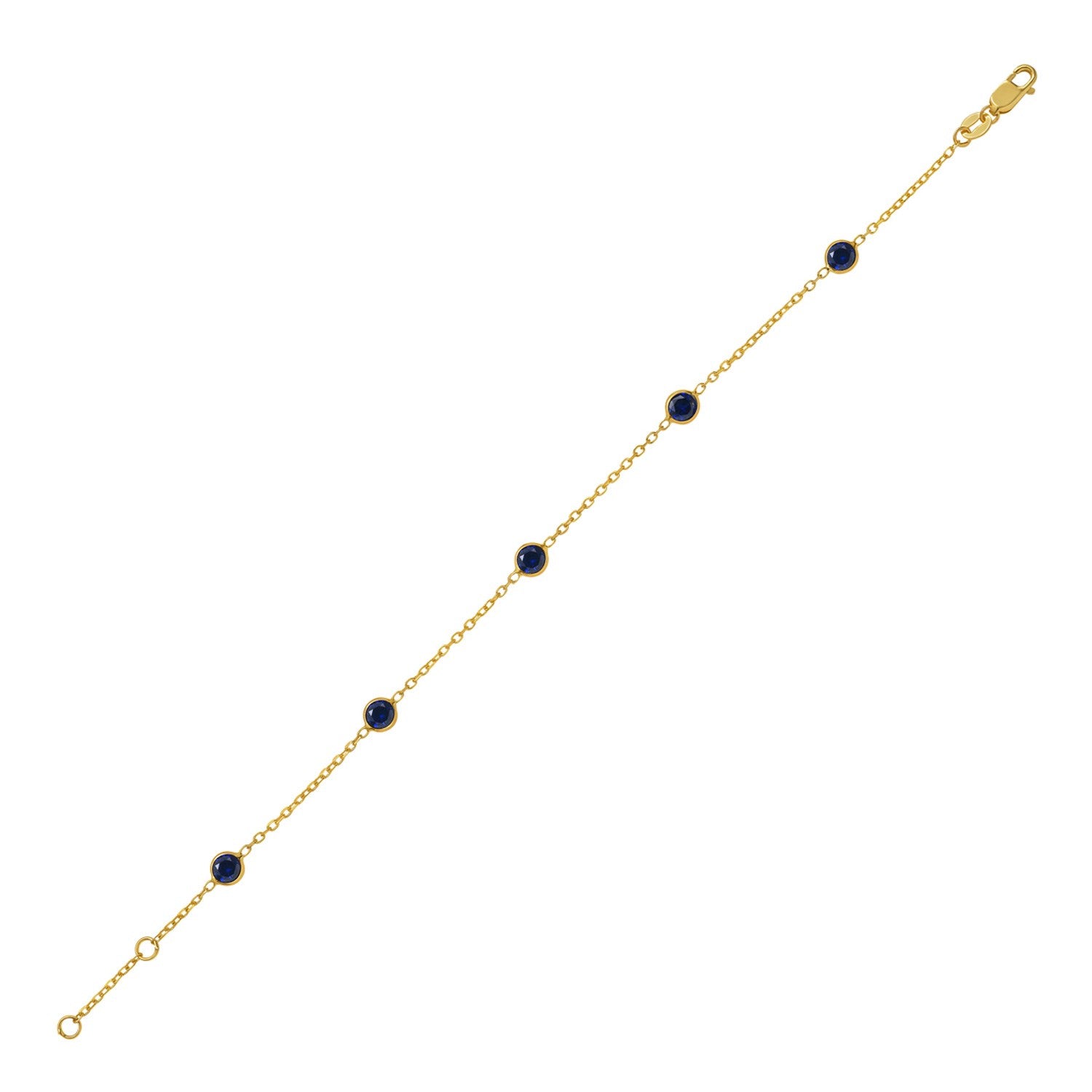 14k yellow gold bracelet featuring elegant blue sapphire stations on a delicate chain design.