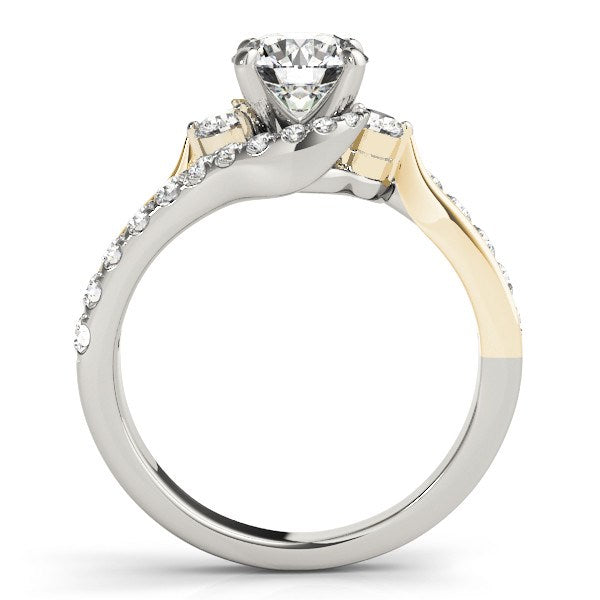 Elegant 14k white and yellow gold round bypass engagement ring featuring 1 1/2 cttw of dazzling diamonds.