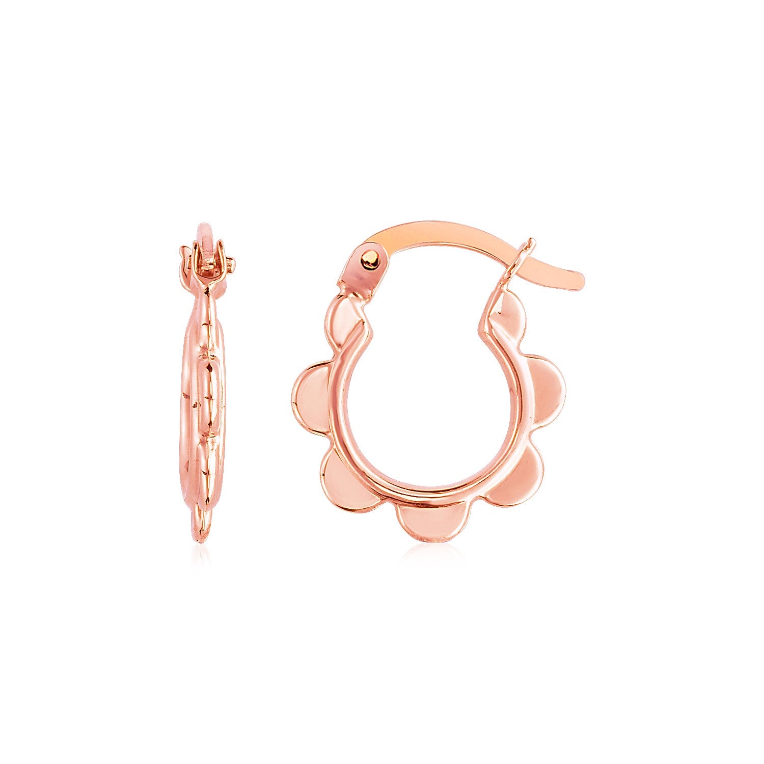14k rose gold scalloped hoop earrings featuring a modern design, perfect for elegant everyday wear.