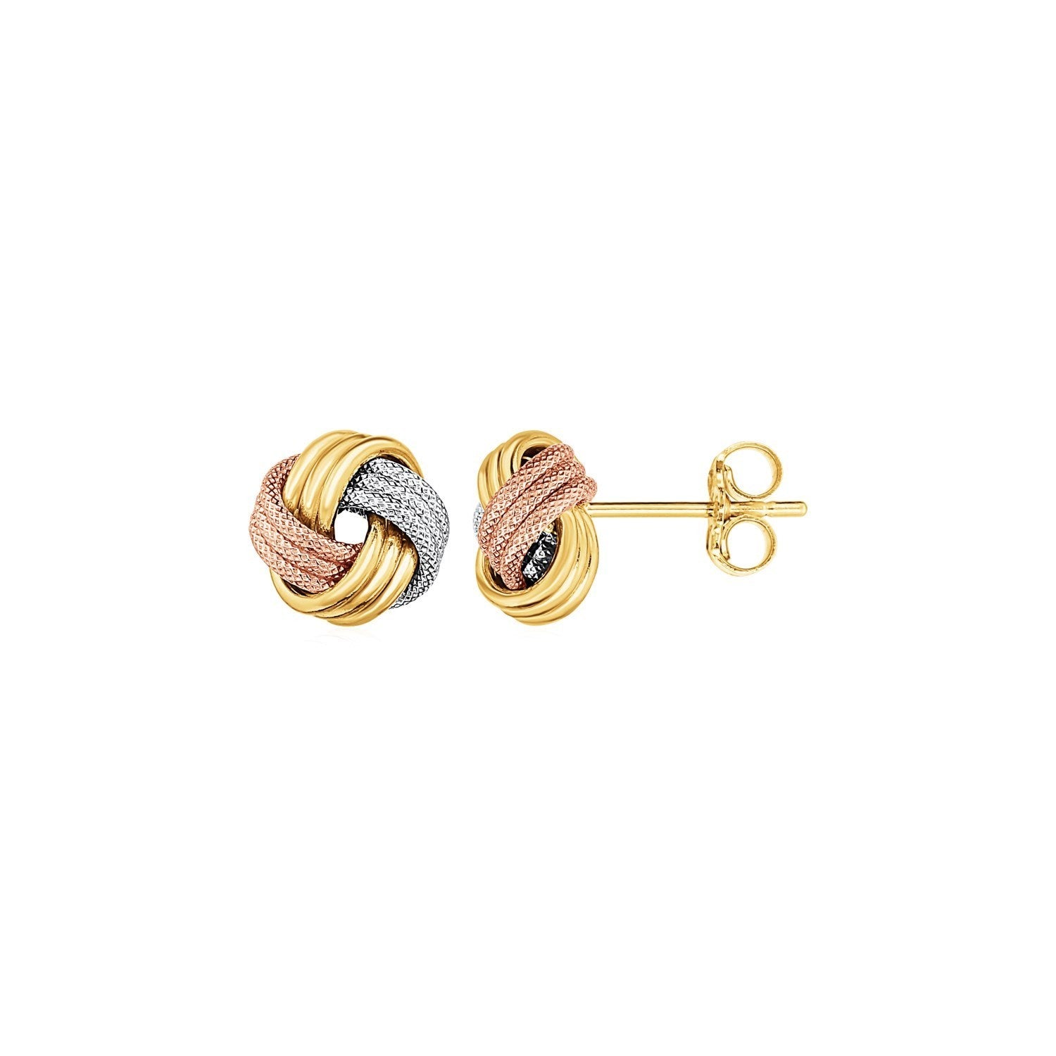 14k tri-color gold love knot post earrings, featuring a classic design for timeless elegance and luxury.