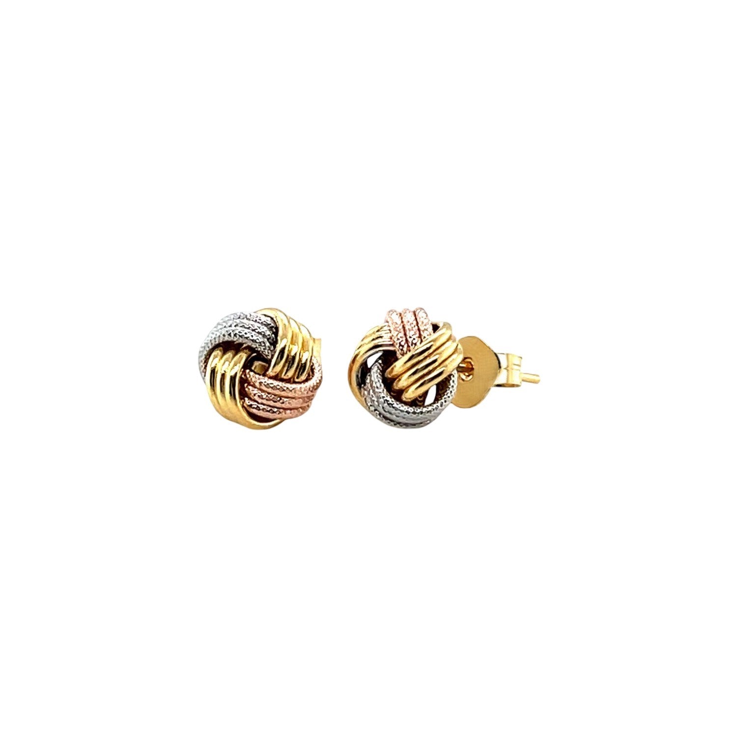 14k tri-color gold love knot post earrings featuring a classic design, perfect for elegant occasions and everyday luxury.