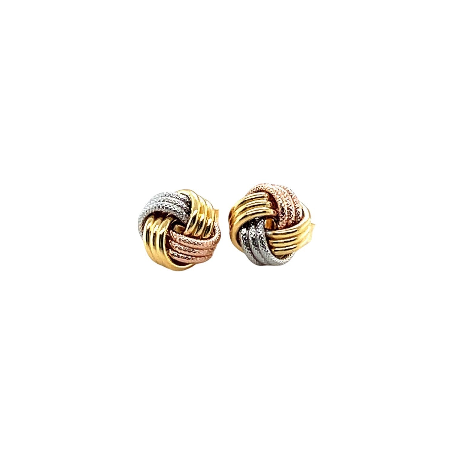 14k tri-color gold love knot post earrings featuring a timeless design, perfect for elegant occasions.