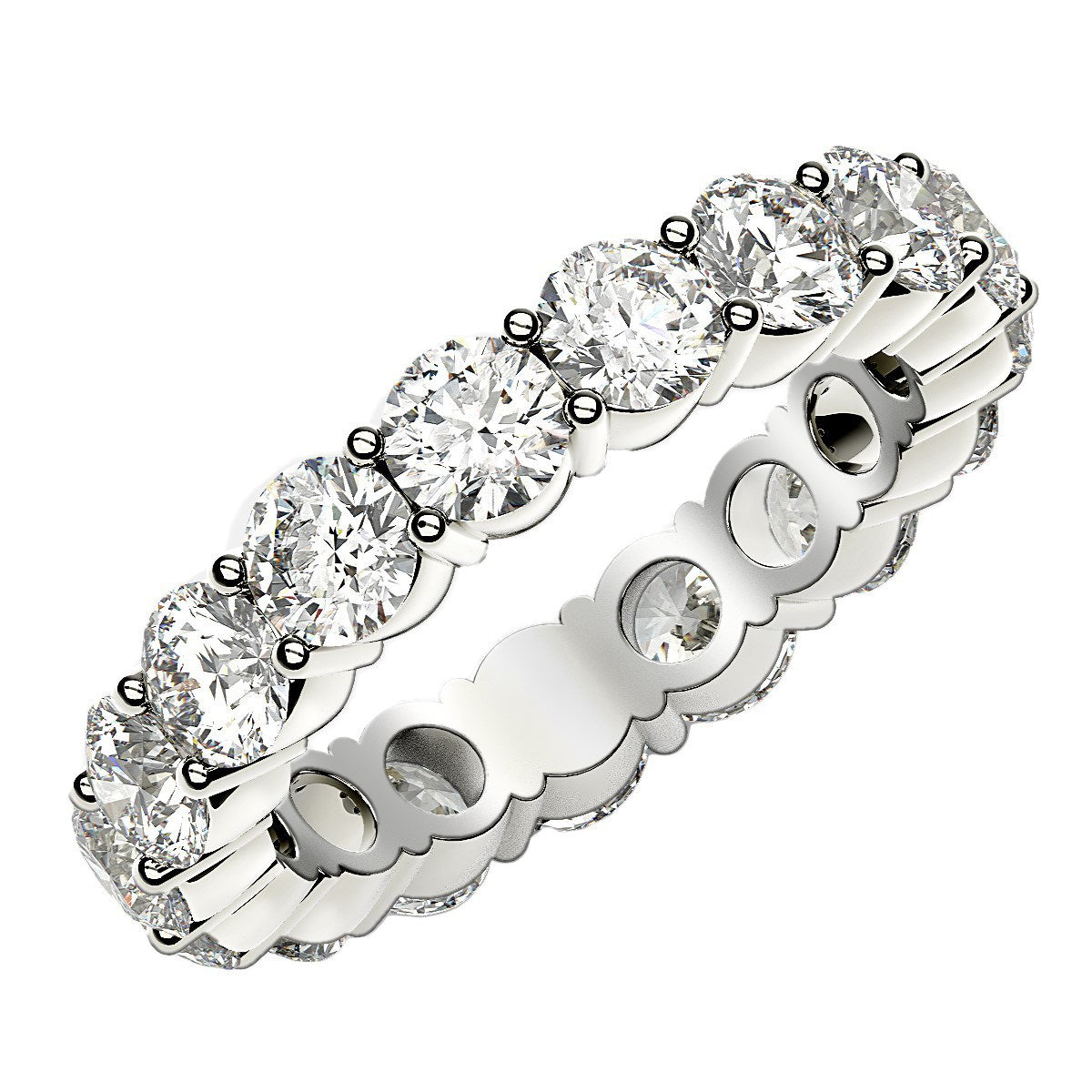 Round cut lab grown diamond eternity ring in 14k white gold, featuring a contemporary design with 3 cttw FG/VS2 diamonds.