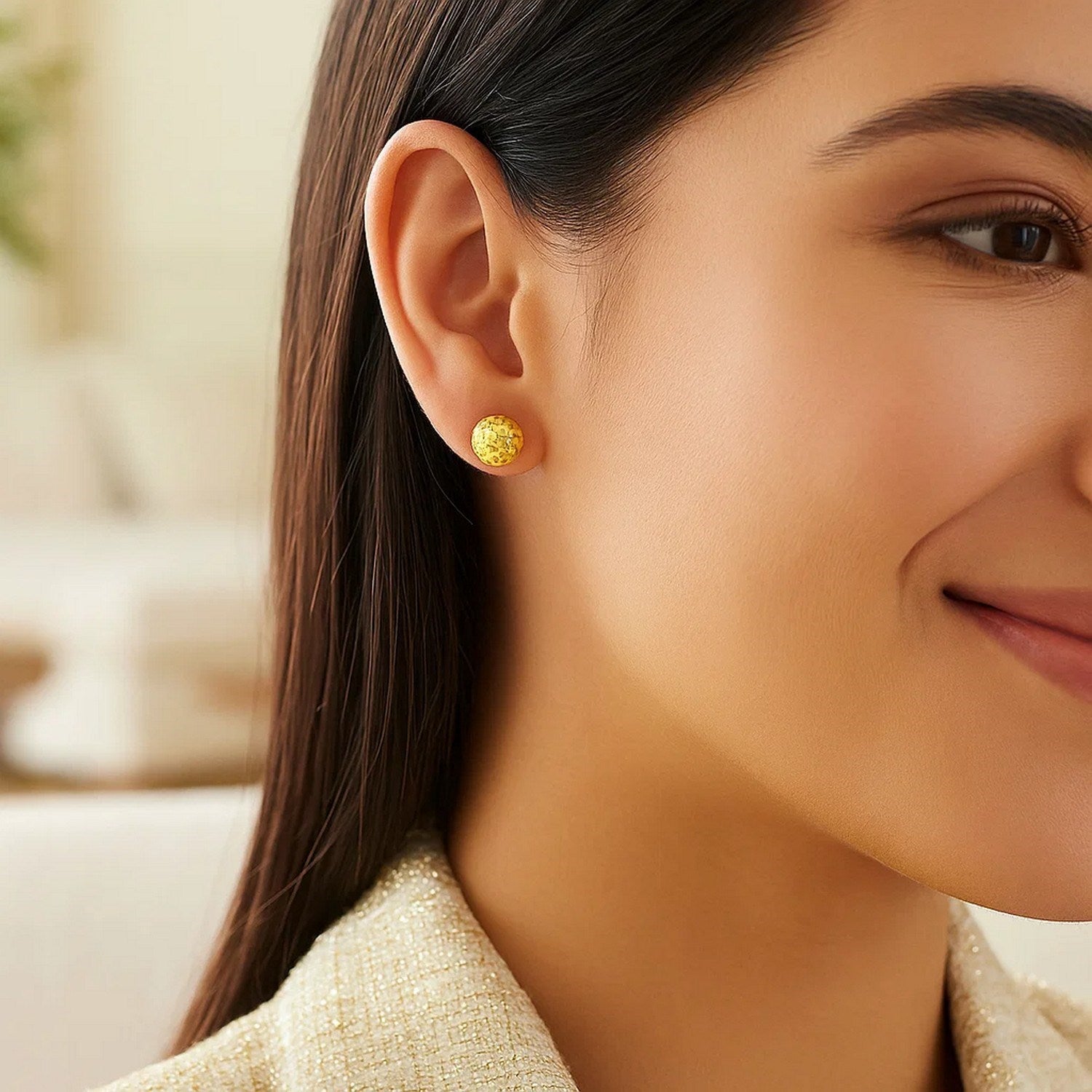 14k yellow gold textured ball stud earrings, embodying classic elegance with a refined finish.