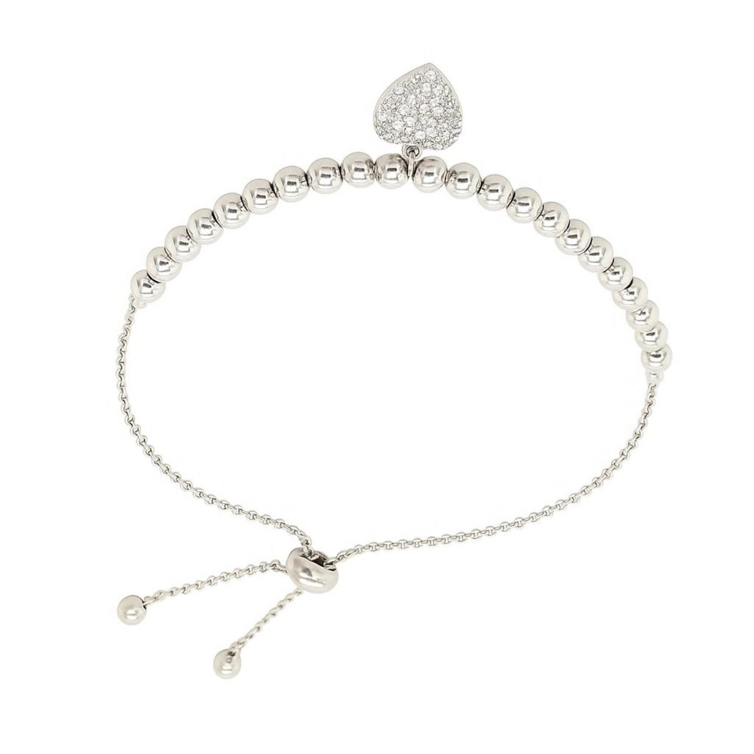 Adjustable sterling silver bead bracelet featuring a round charm adorned with sparkling cubic zirconias for an elegant touch.