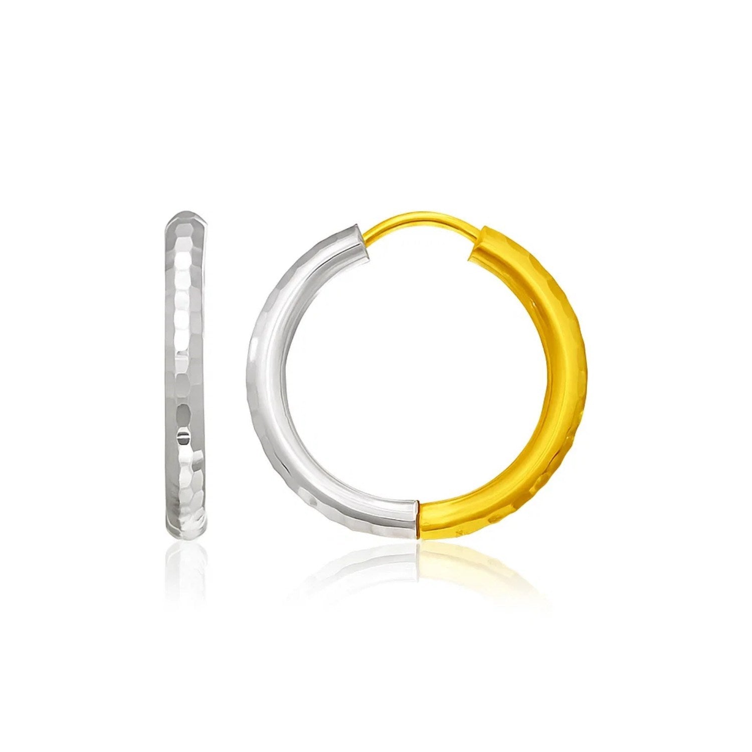14k two-tone gold hammered hoop earrings featuring a modern design, perfect for elegant occasions and everyday wear.