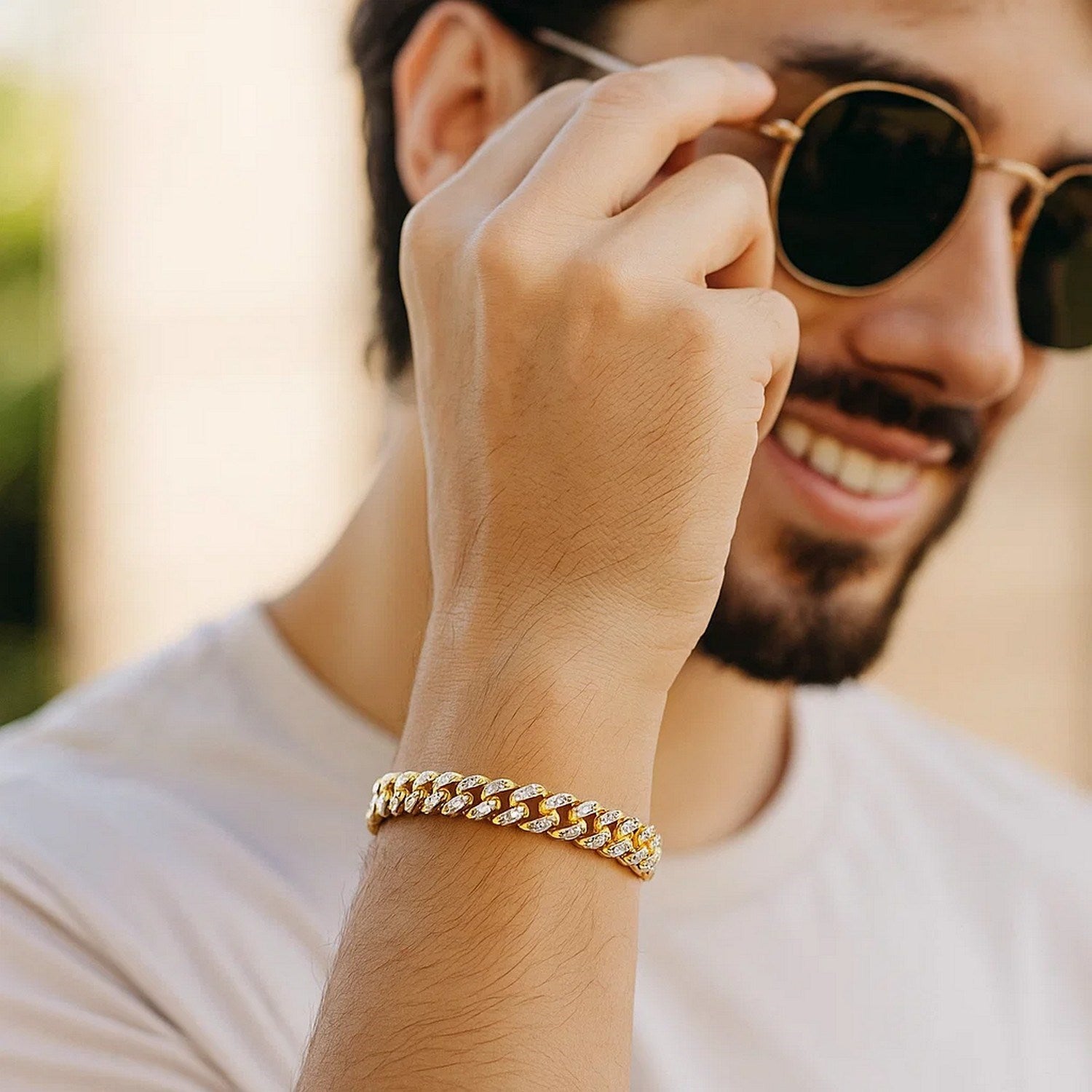 14k yellow gold modern Miami Cuban bracelet with white pave finish, showcasing luxury and contemporary elegance.