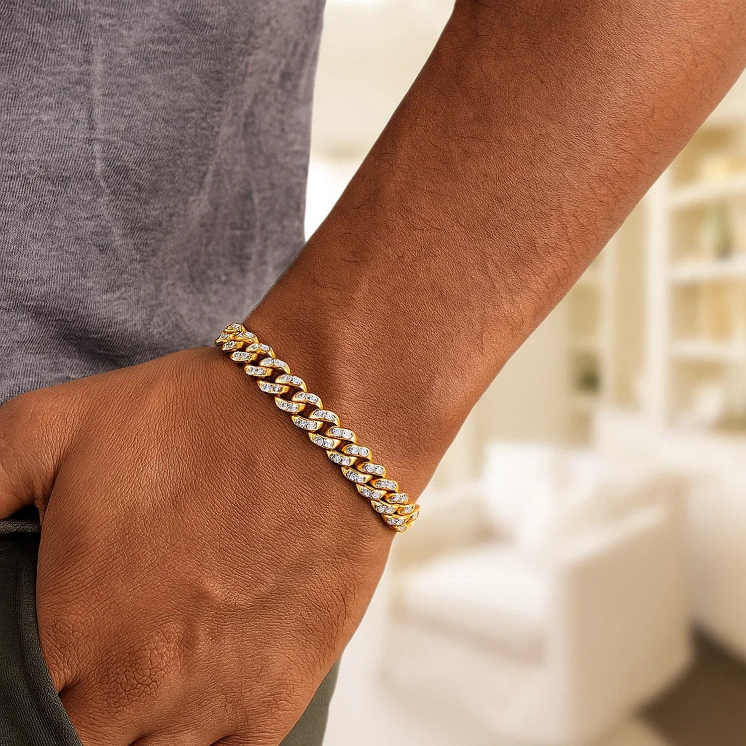 14k yellow gold modern Miami Cuban bracelet with high polish and white pave detailing, 6.50 mm width.