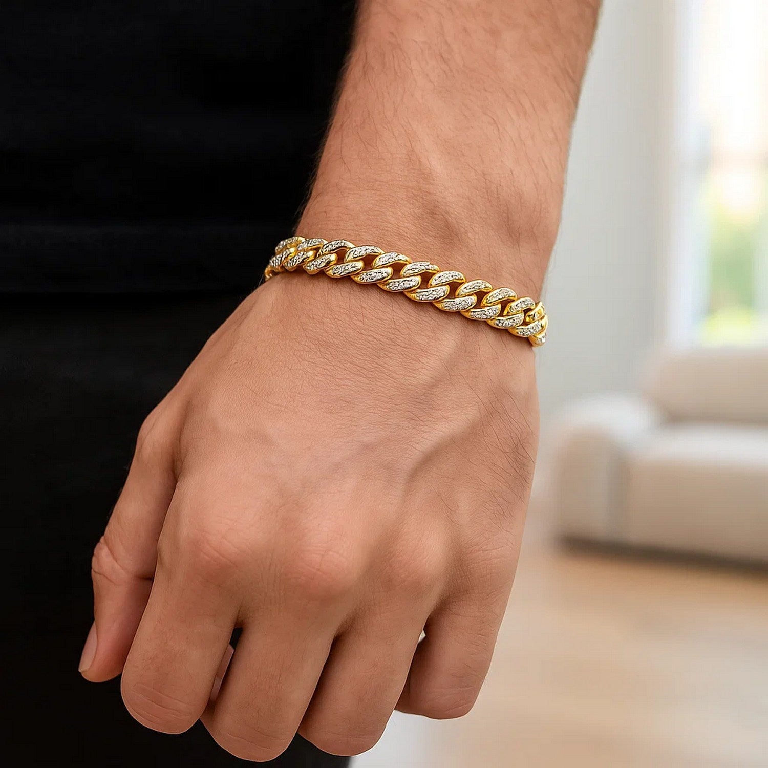14k yellow gold modern Miami Cuban bracelet with high polish and white pave accents, 6.50 mm width, luxury design.