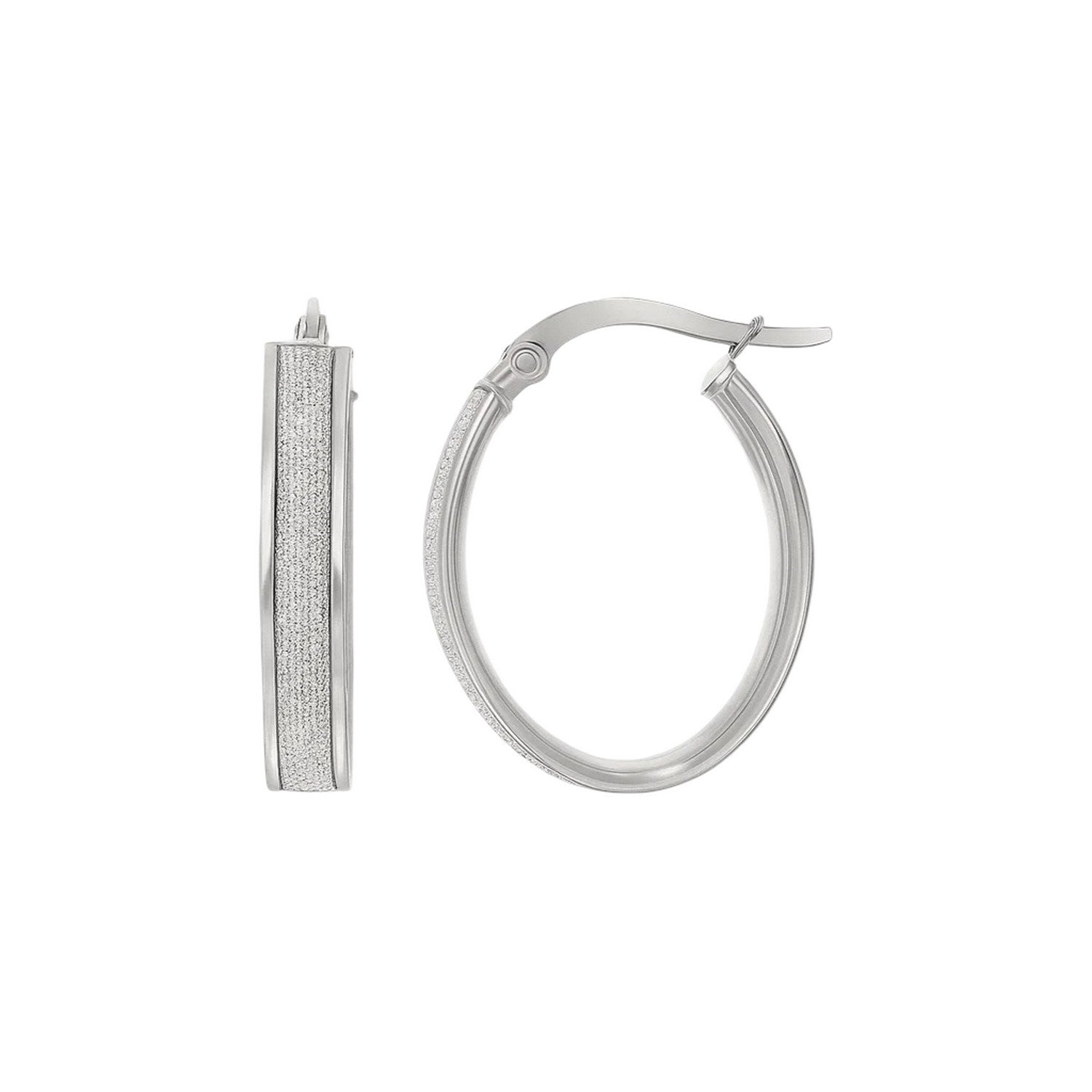 14k white gold oval hoop earrings featuring a modern glitter center design, perfect for elegant occasions.