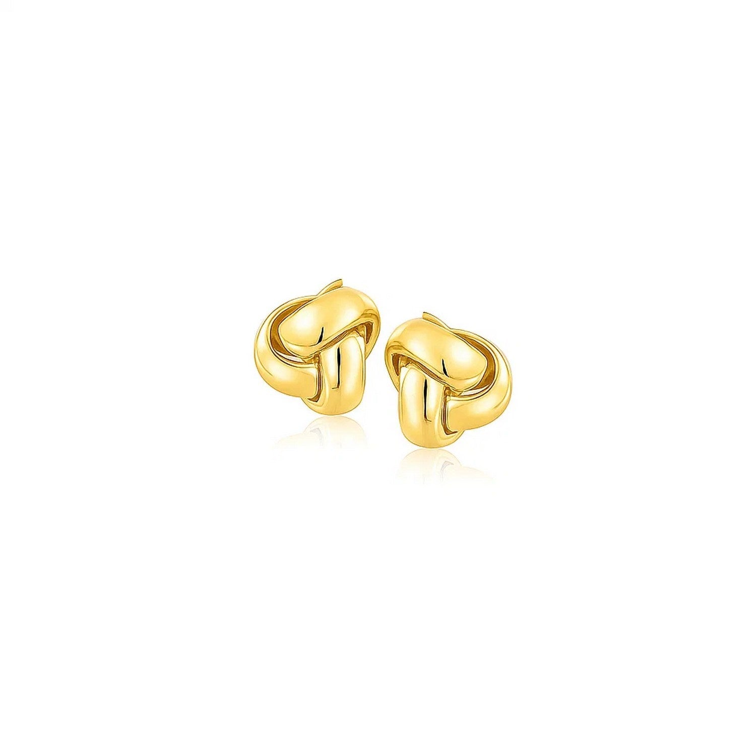 14k yellow gold polished love knot stud earrings, embodying contemporary elegance and timeless sophistication.