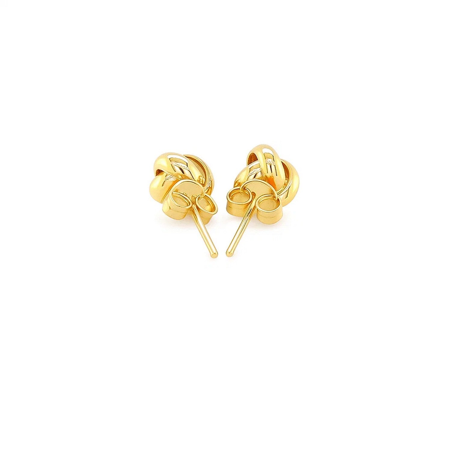 14k yellow gold polished love knot stud earrings showcasing a contemporary design for timeless elegance.