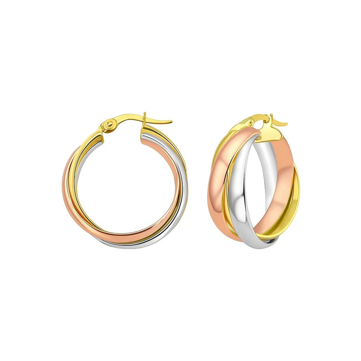 14K tri-color gold woven hoop earrings featuring a modern design and exquisite craftsmanship for a luxurious look.