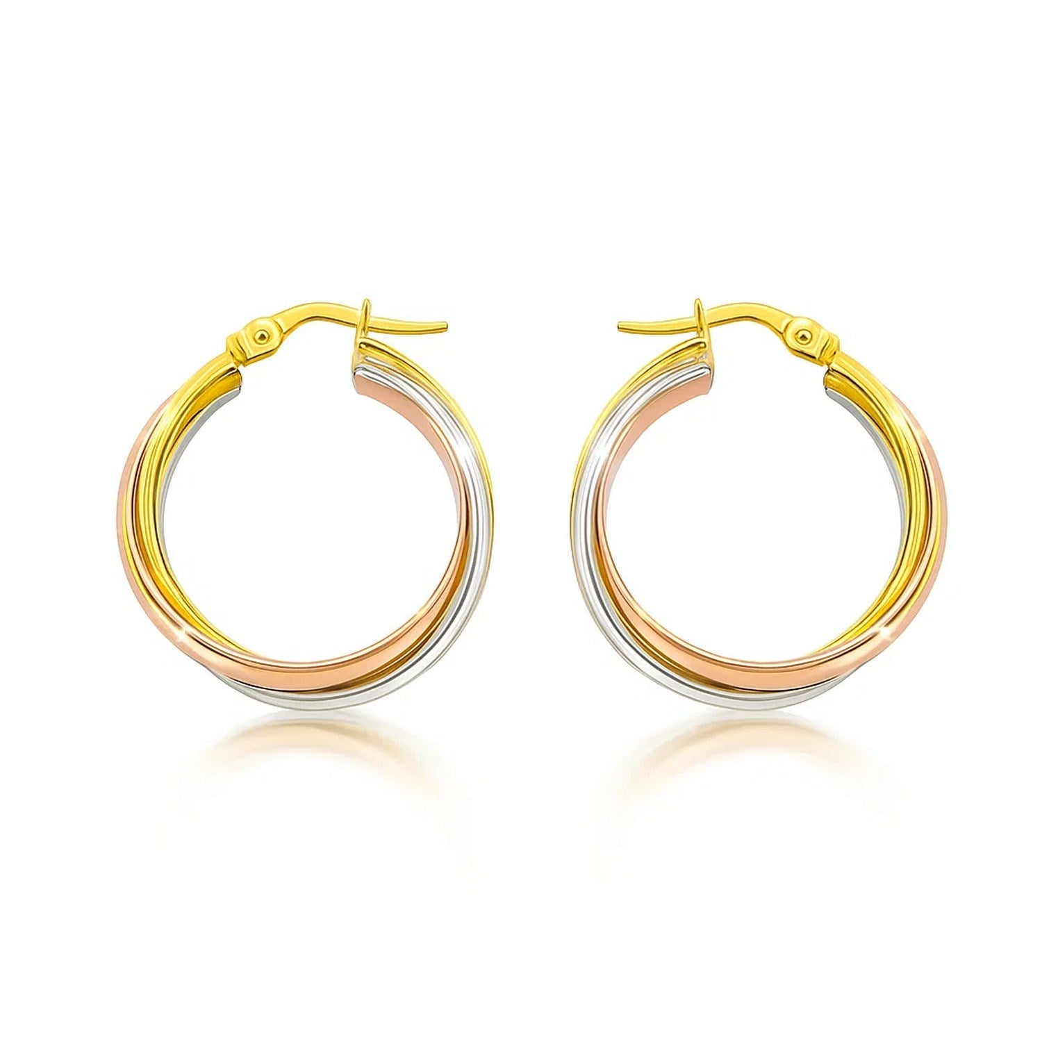 14K tri-color gold woven hoop earrings showcasing a modern design with intricate craftsmanship and luxurious appeal.
