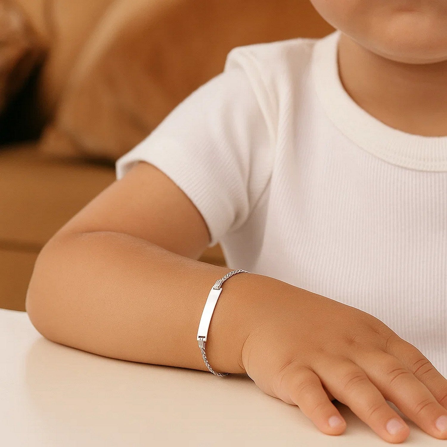 14k white gold polished curb link chain children's ID bracelet with modern design and elegant round links.