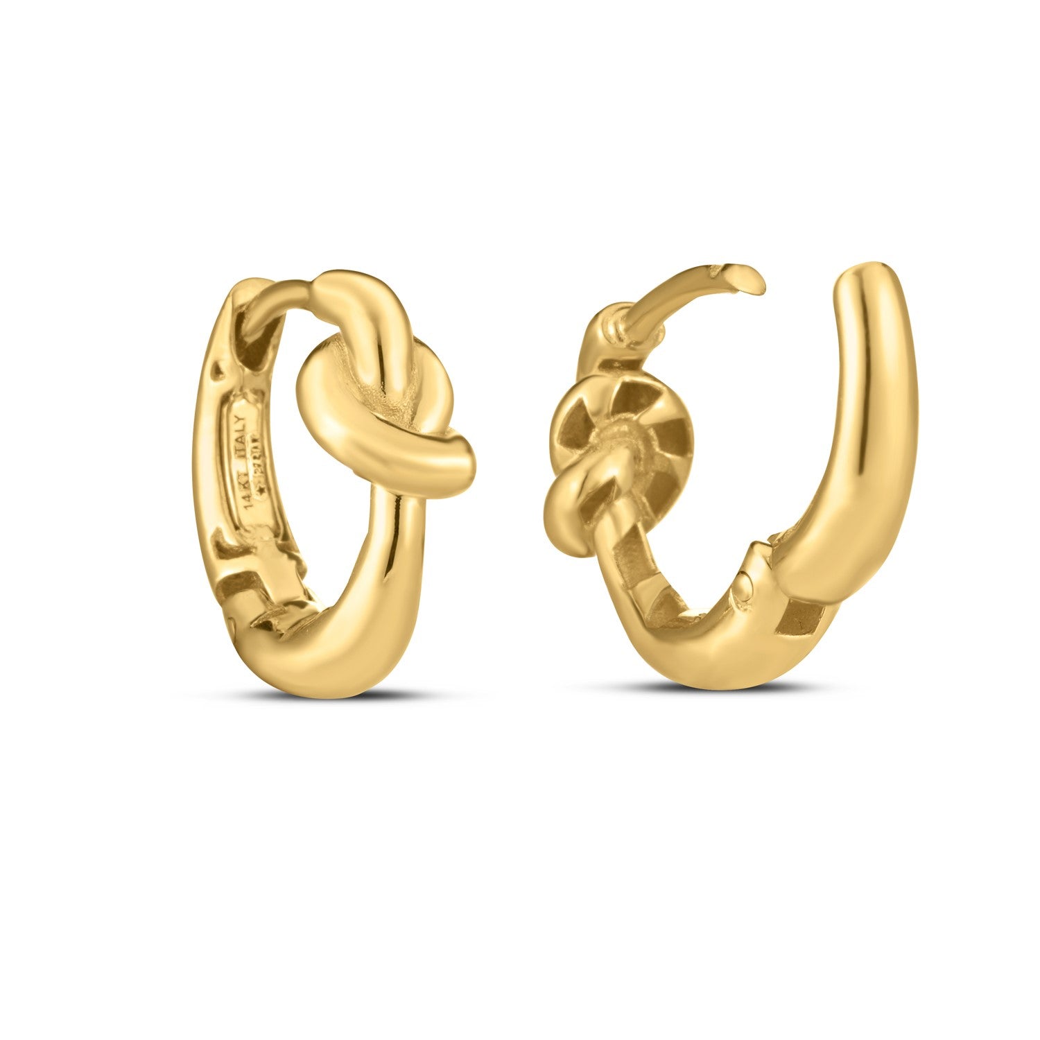 14k yellow gold modern love knot hoop earrings showcasing elegant intertwined design and luxurious finish.