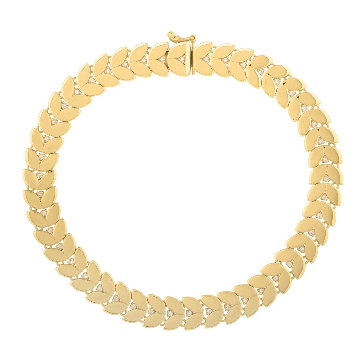 Elegant 14K yellow gold laurel leaf bracelet adorned with shimmering diamonds, showcasing refined luxury and craftsmanship.