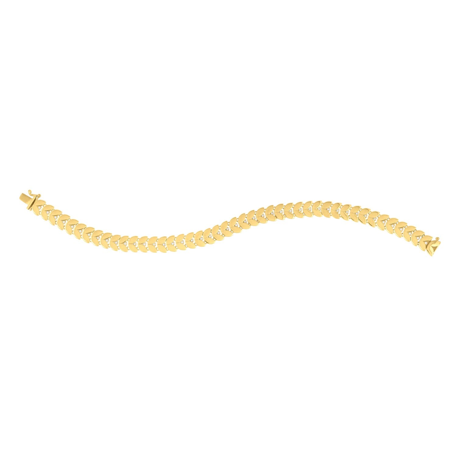 Elegant 14K yellow gold bracelet featuring laurel leaf design and sparkling diamond accents, perfect for luxury occasions.