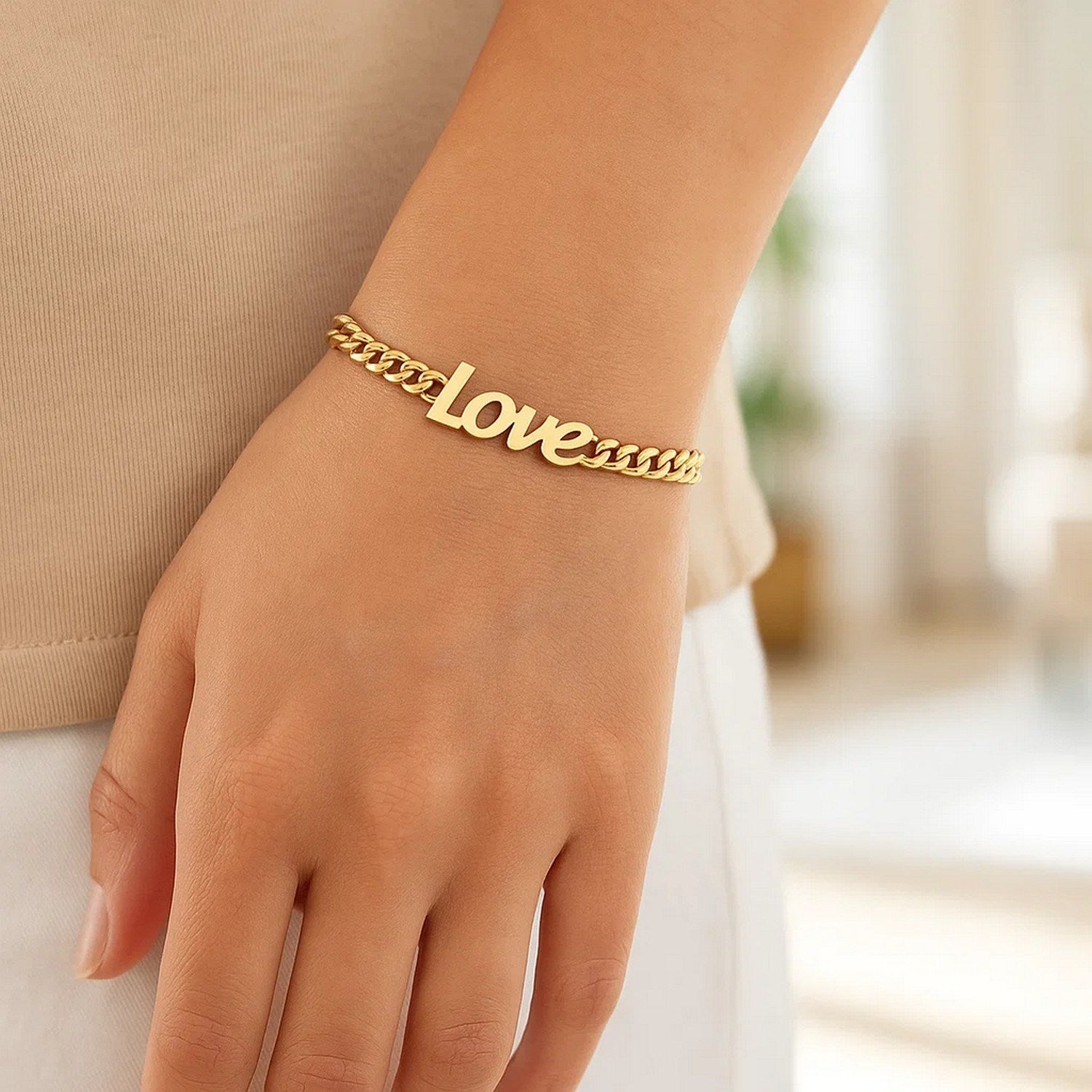 14k yellow gold 7-inch curb chain love bracelet with classic link design, perfect for elegant everyday wear.