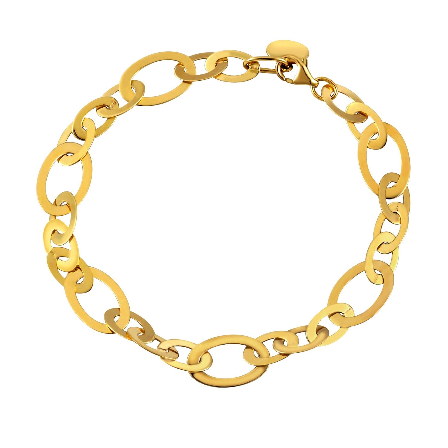 Large flat oval link bracelet in elegant 14k yellow gold, showcasing a refined and timeless design.