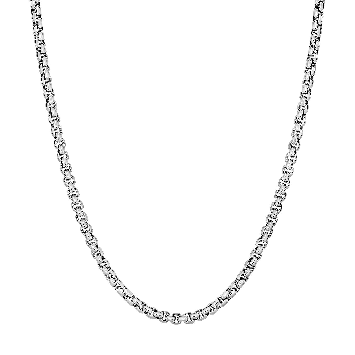 Sterling silver rhodium plated round box chain, modern design, 3.80 mm width, perfect for layering or standalone elegance.