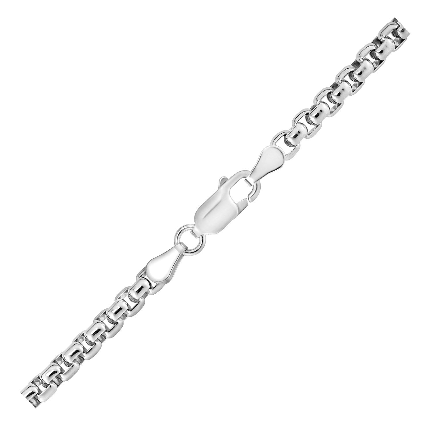 Sterling silver rhodium plated round box chain, modern design, 3.80 mm width, perfect for layering or standalone elegance.