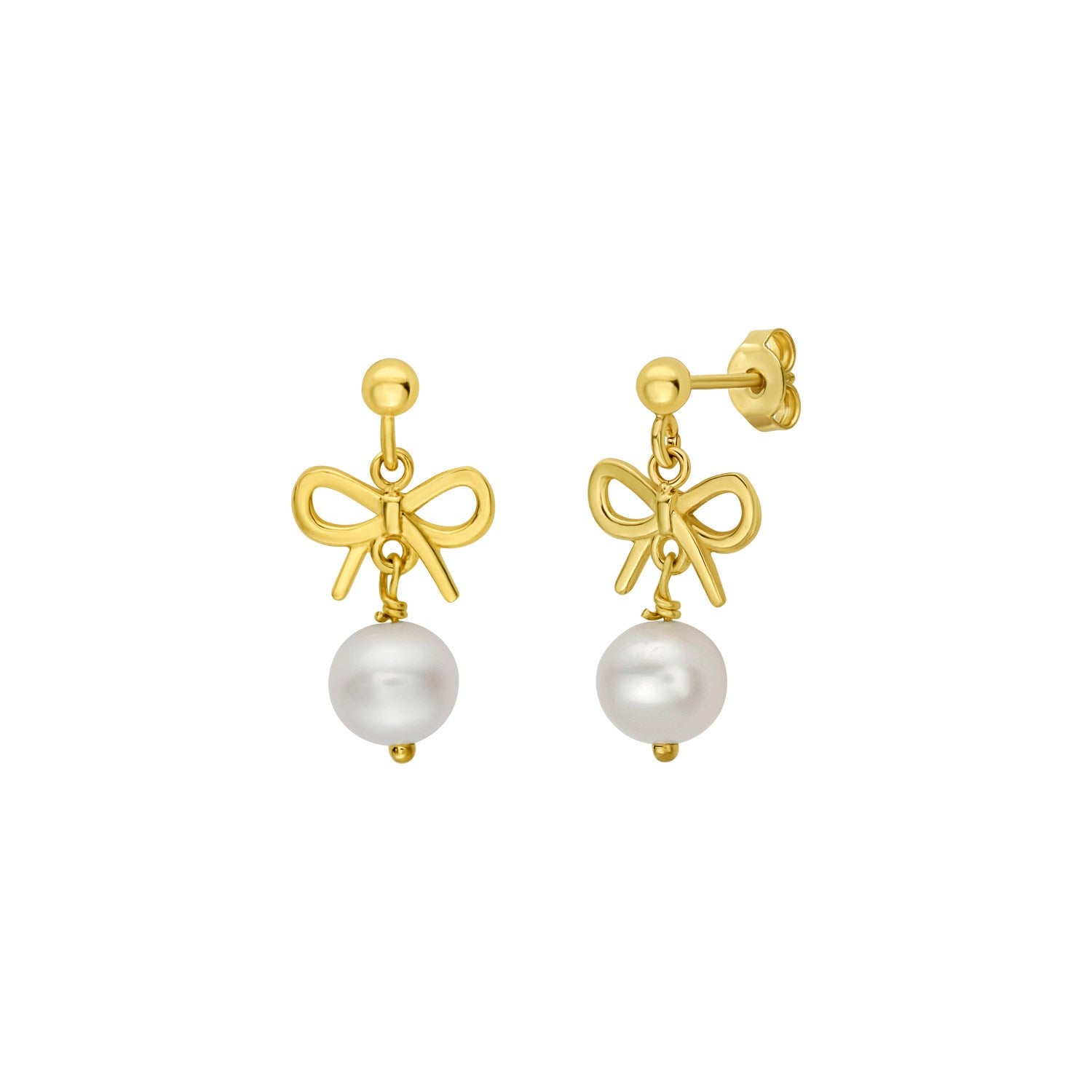 14K yellow gold drop earrings featuring elegant freshwater pearls in a classic bow design.