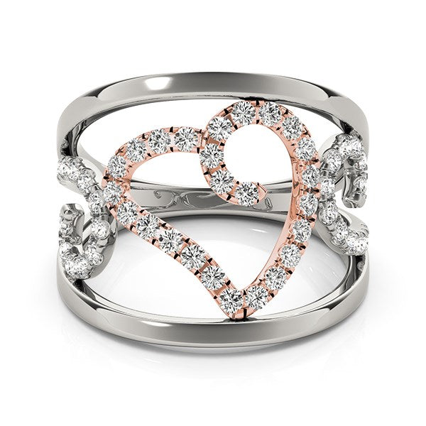 Heart motif filigree diamond ring in 14k white and rose gold, showcasing elegant craftsmanship and 1/4 cttw brilliance.