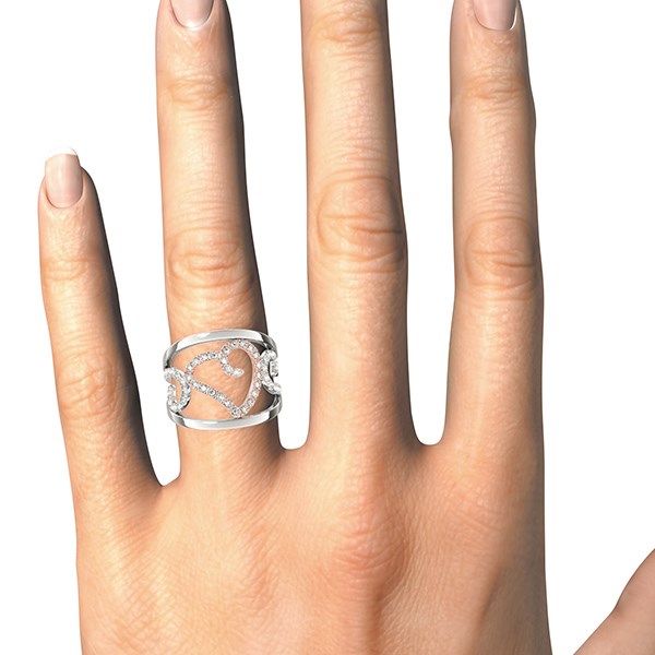 Heart motif filigree diamond ring in 14k white and rose gold, showcasing elegant craftsmanship and luxury design.