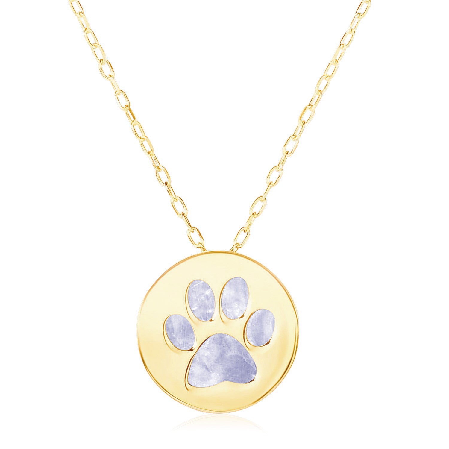 14k yellow gold necklace featuring a dog paw print symbol in elegant mother of pearl on a delicate chain.