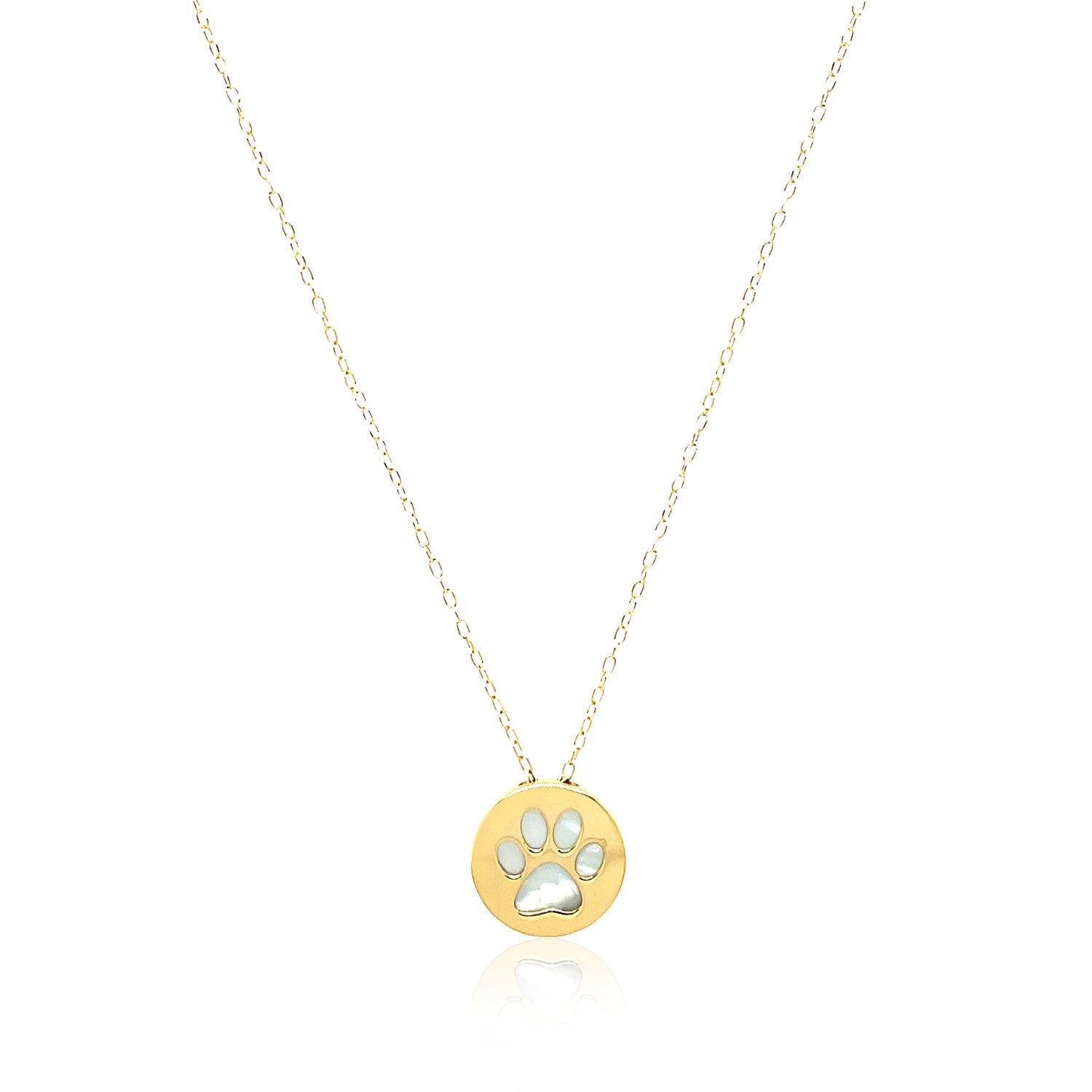 14k yellow gold necklace featuring a dog paw print symbol set in elegant mother of pearl on a delicate chain.