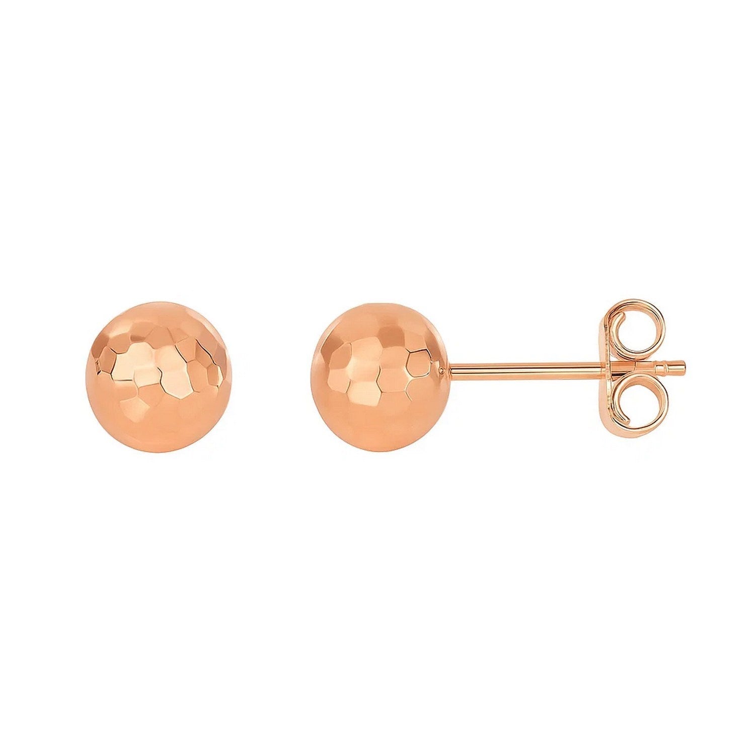 14k rose gold faceted round stud earrings with a modern design, perfect for elegant everyday wear.