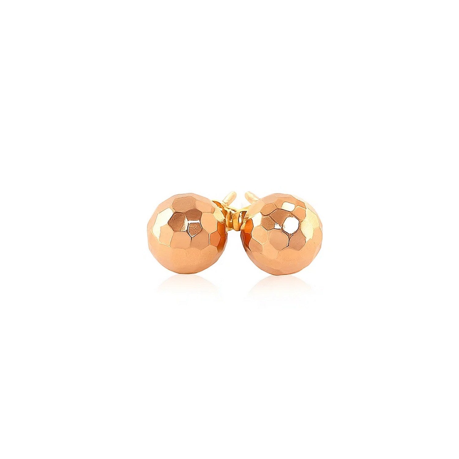 14k rose gold round stud earrings with a modern faceted design, perfect for elegant everyday wear.