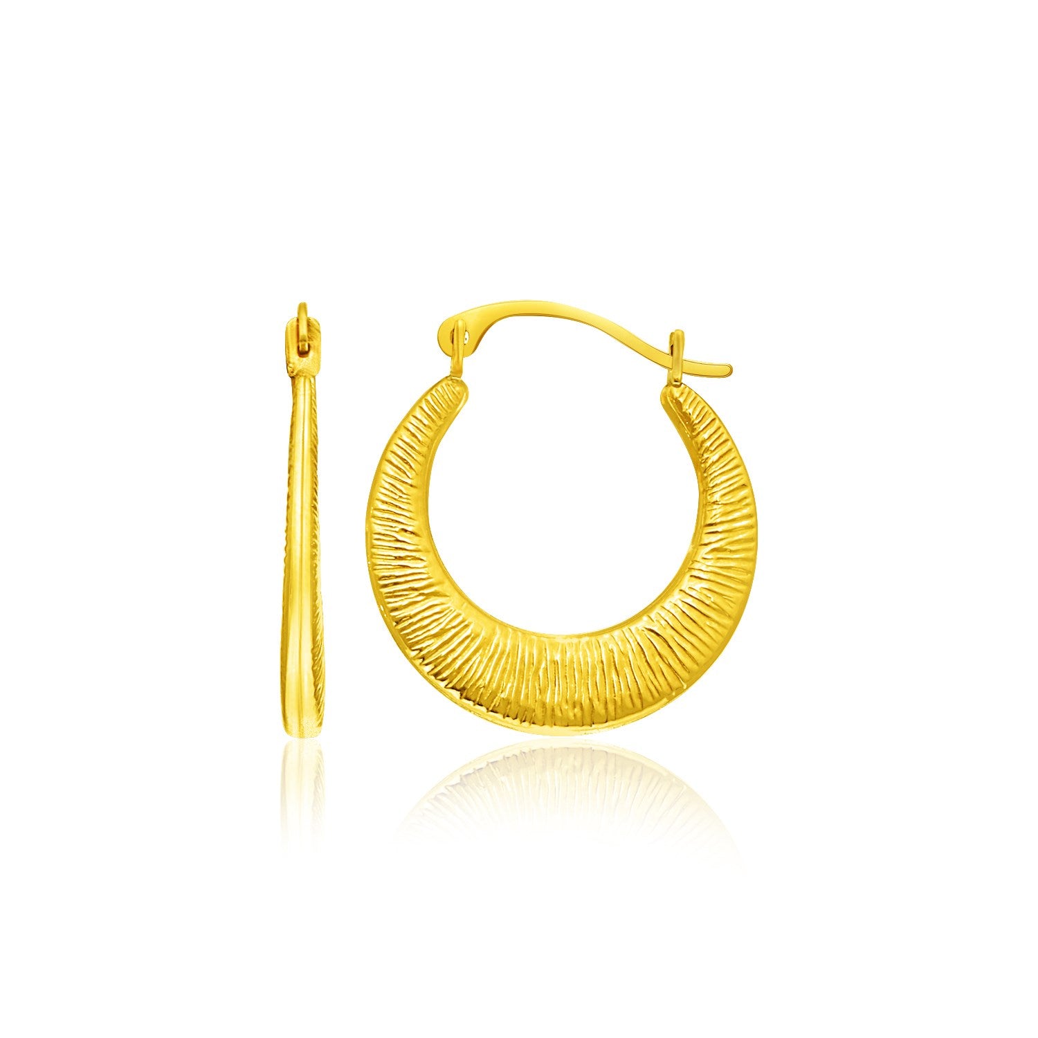 14k yellow gold textured hoop earrings, elegantly designed for a luxurious touch to any outfit.