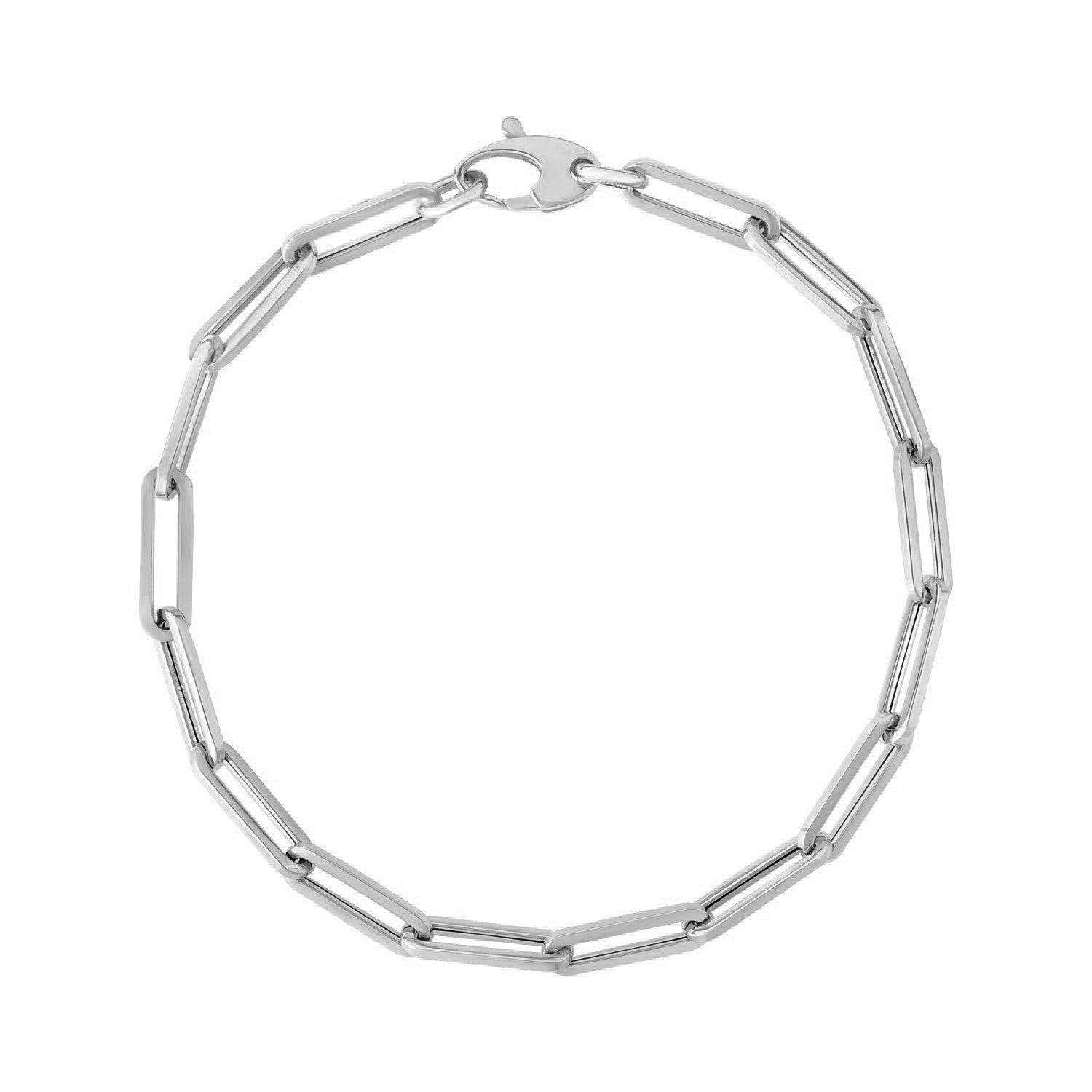 14k white gold bold paperclip chain bracelet with modern links, showcasing elegance and contemporary design.