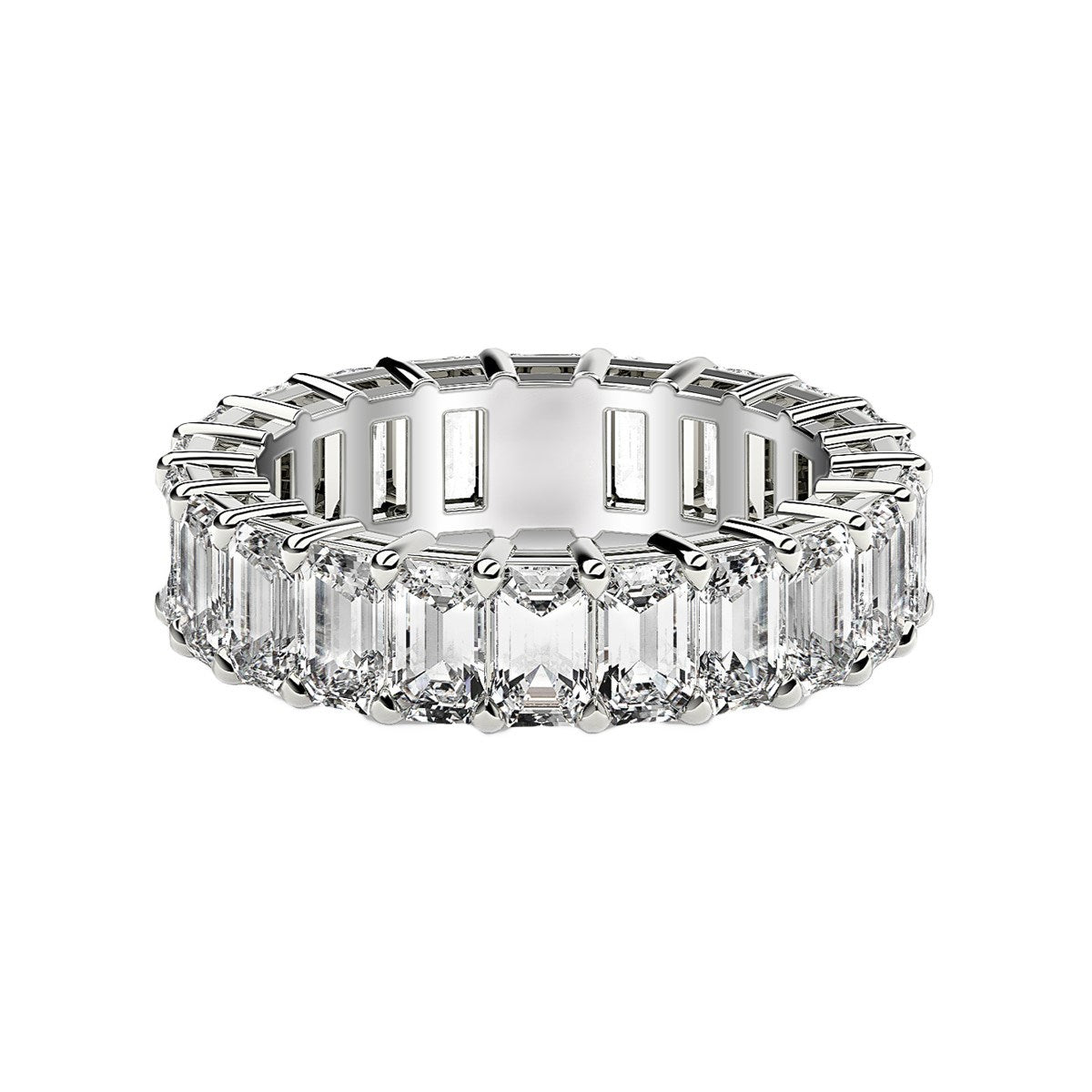 Emerald cut lab-grown diamond eternity ring in 14k white gold, showcasing modern elegance and timeless luxury.