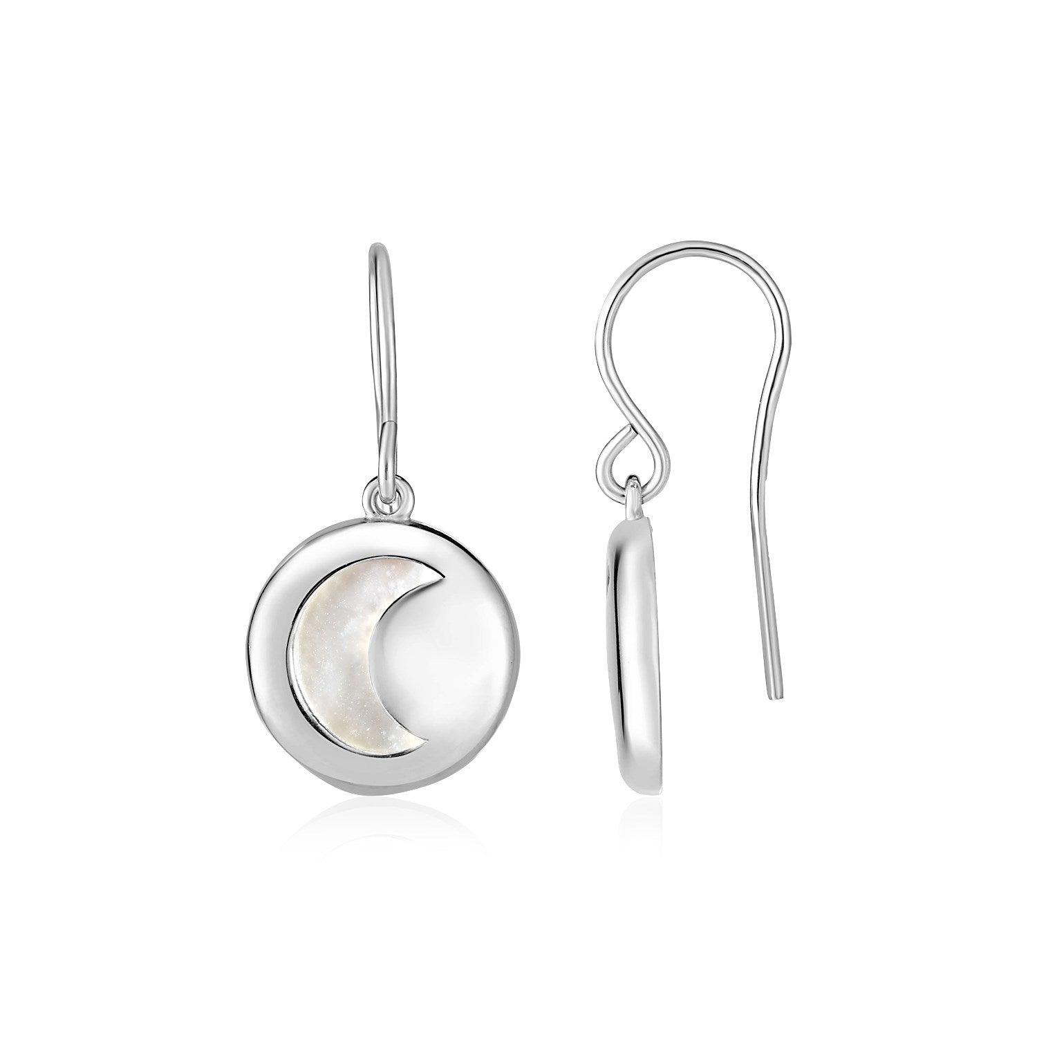Sterling silver crescent moon cutout earrings adorned with lustrous mother of pearl for an elegant touch.