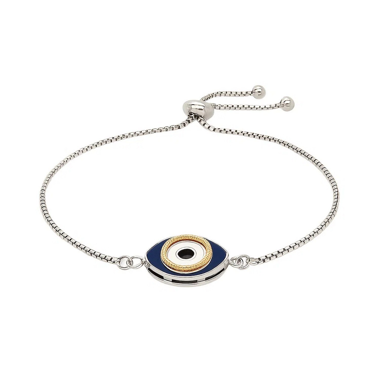 Sterling silver adjustable bracelet featuring two-toned enamel and elegant evil eye design for friendship.
