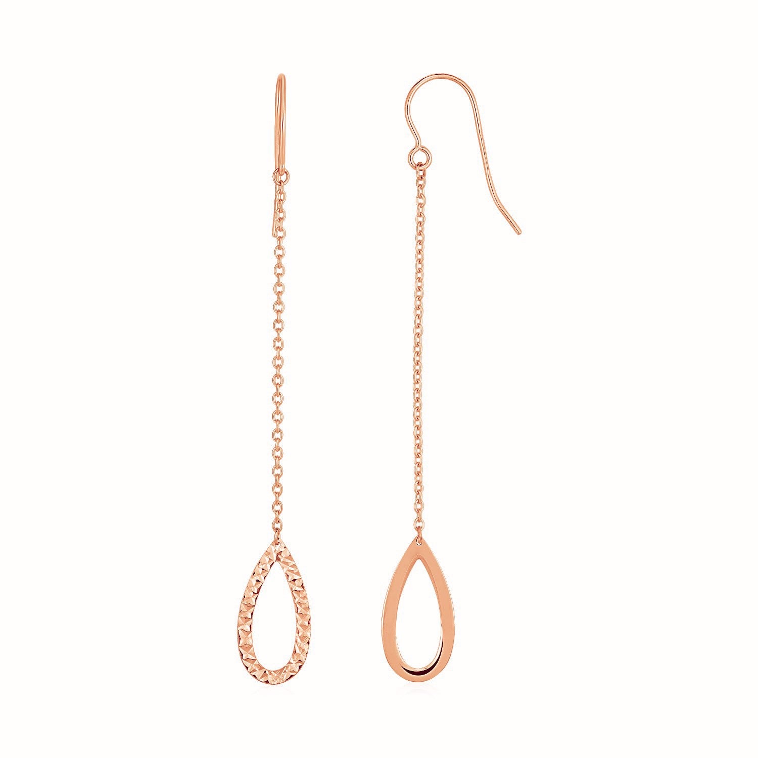 14k rose gold textured pear-shaped drop earrings with elegant chain design, perfect for sophisticated occasions.