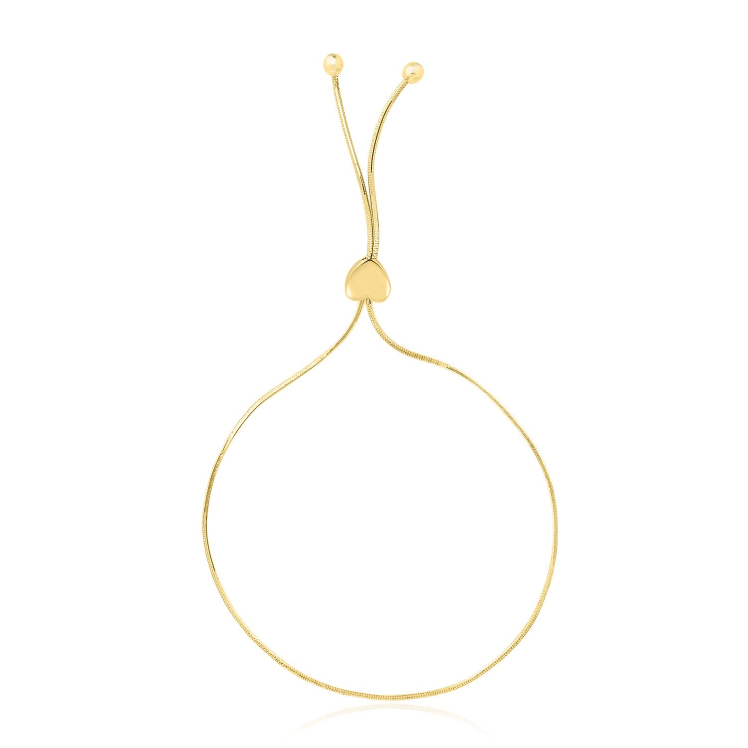 14k yellow gold adjustable lariat bracelet featuring a modern heart motif and delicate chain design.