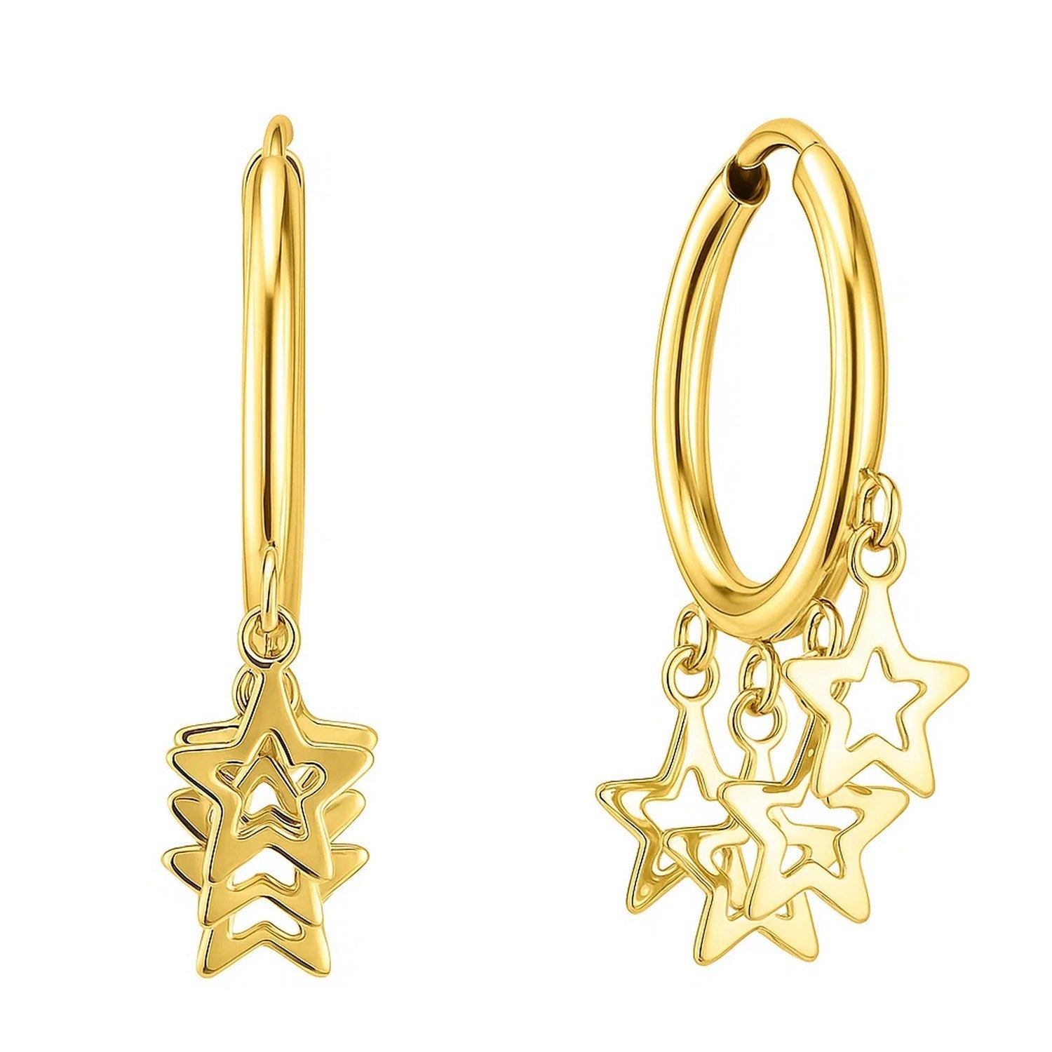 14K yellow gold huggie hoop earrings featuring an elegant endless star charm design for a luxurious touch.