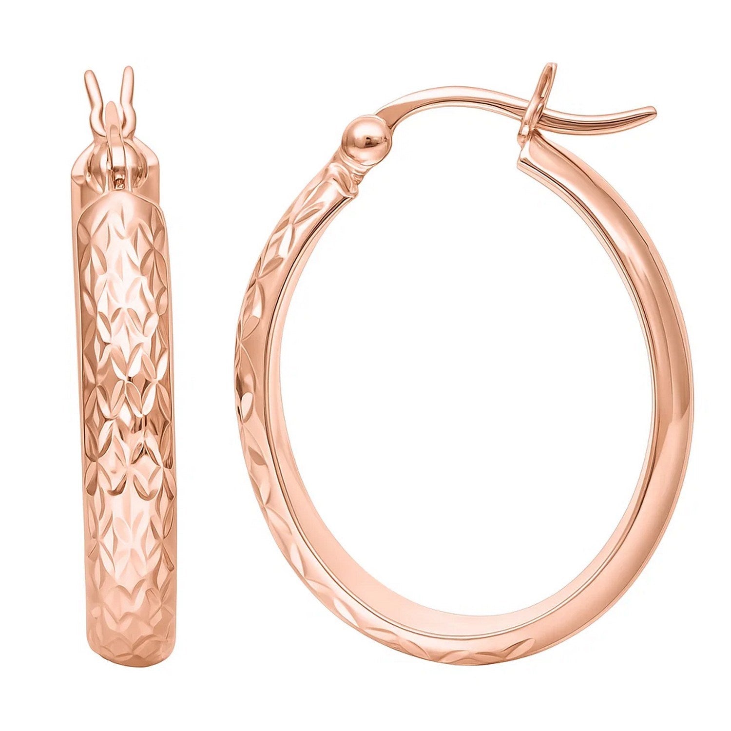 14k rose gold hammered oval hoop earrings, showcasing a contemporary design for elegant, everyday luxury.